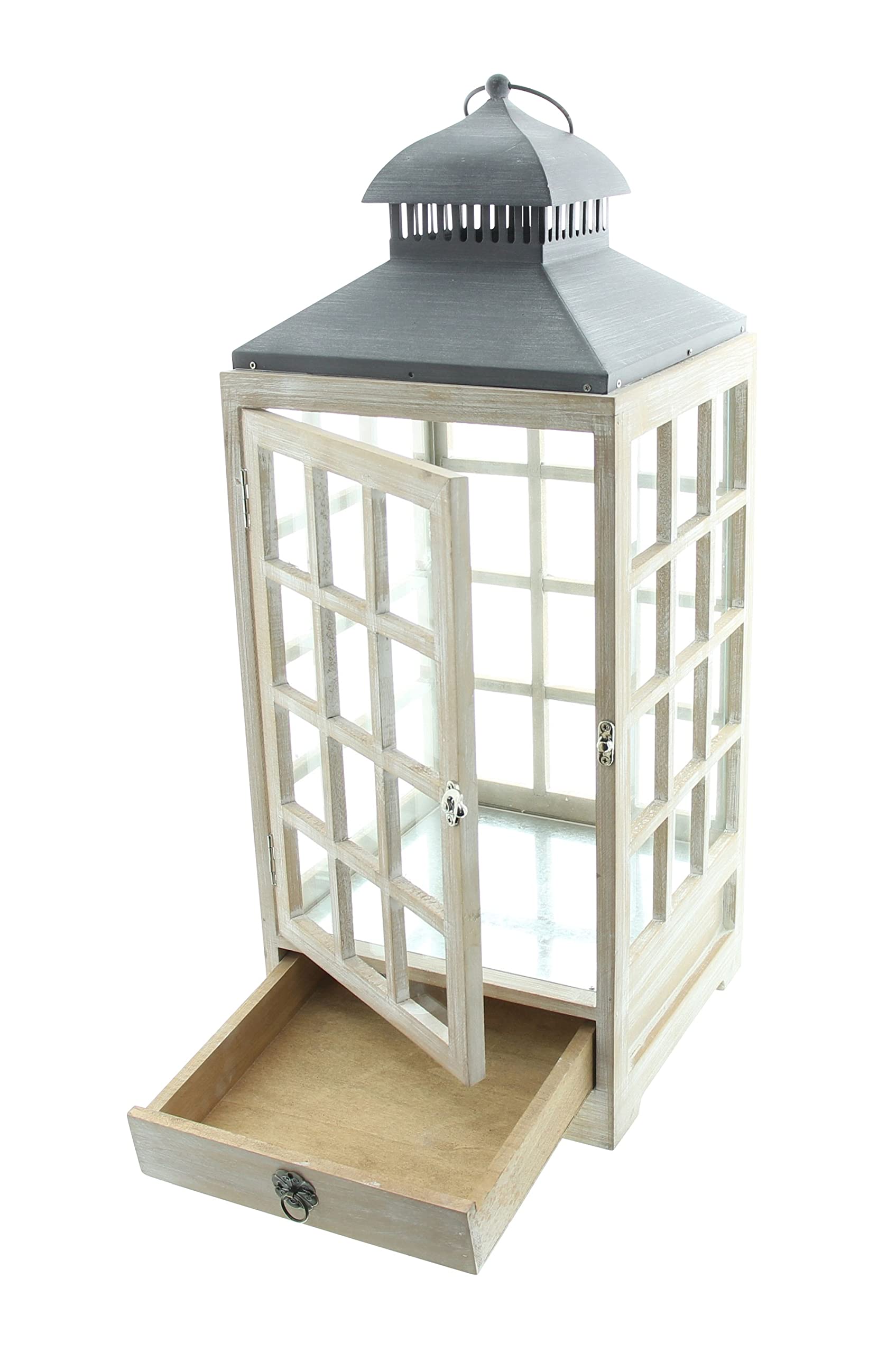 FRANK FLECHTWAREN Große Laterne "Landhaus", gekalktes Holz, Metall, Glas, Schublade, Maße: 25 x 25 x 63 cm, Ästhetisches Design, Nostalgisch-Modern
