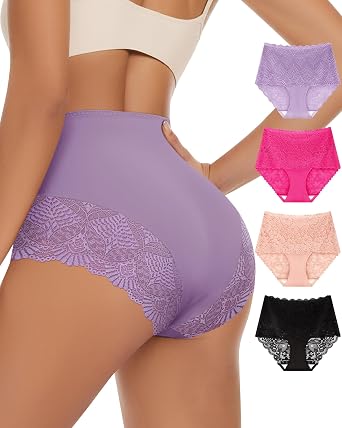Womens High Waisted Underwear Lace Panties Full Coverage 4 Pack | Soft, Stretch, Cheeky, Sexy, Lace Ladies Briefs, Postpartum Panties Pack, Breathable, Comfortable, Daily Wear