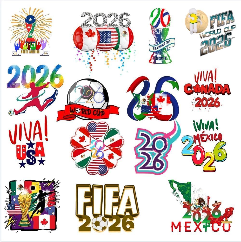 World Cup 2026 DTF Transfers Ready to Press - USA Canada Mexico Soccer Gang Sheet - 15 Designs 9x9 Inch for T-Shirts, 2026 Soccer Tournament Heat Transfer Decals, World Cup Shirt Printing Decals