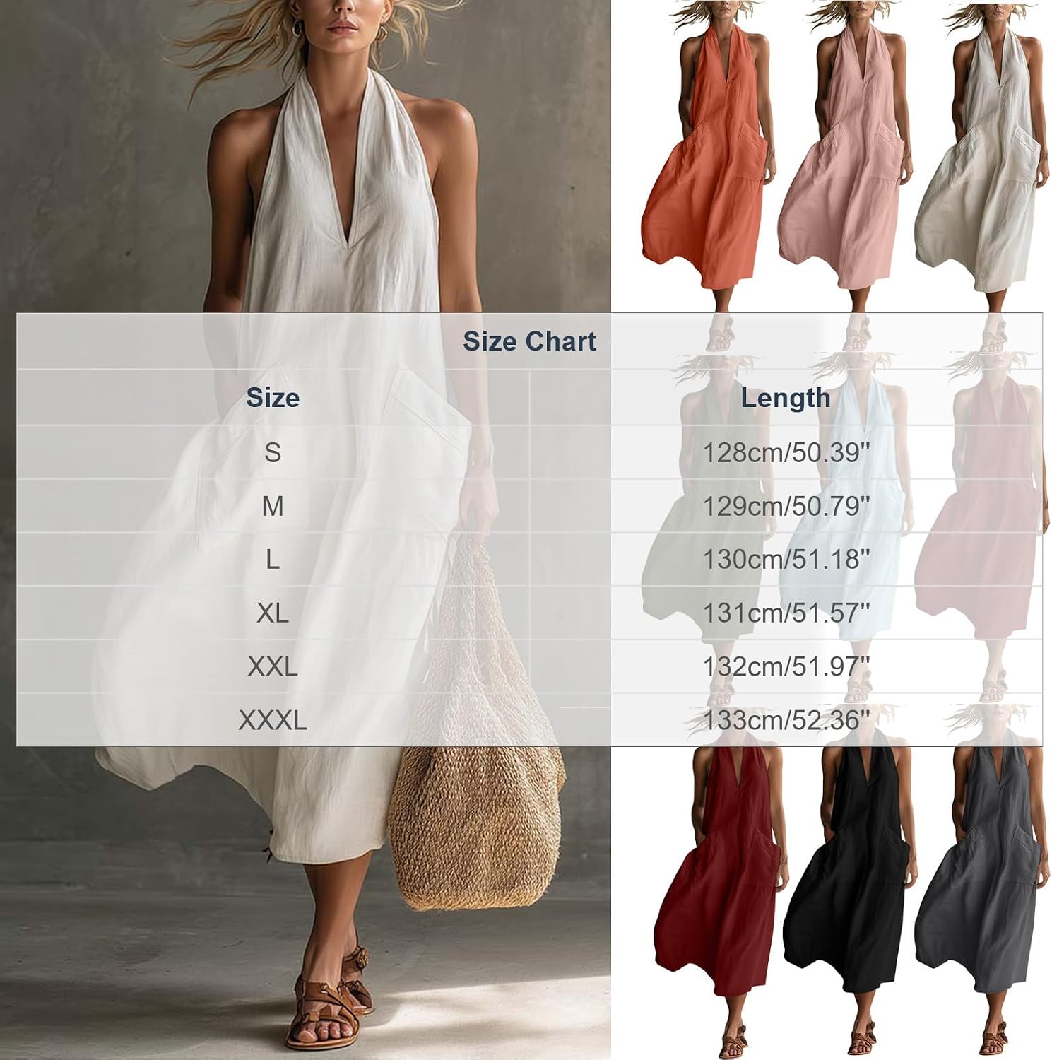 Linen Halter Neck Maxi Dress for Women Backless Boho Vacation Long Dress Elegant A Line Sundresses with Pockets