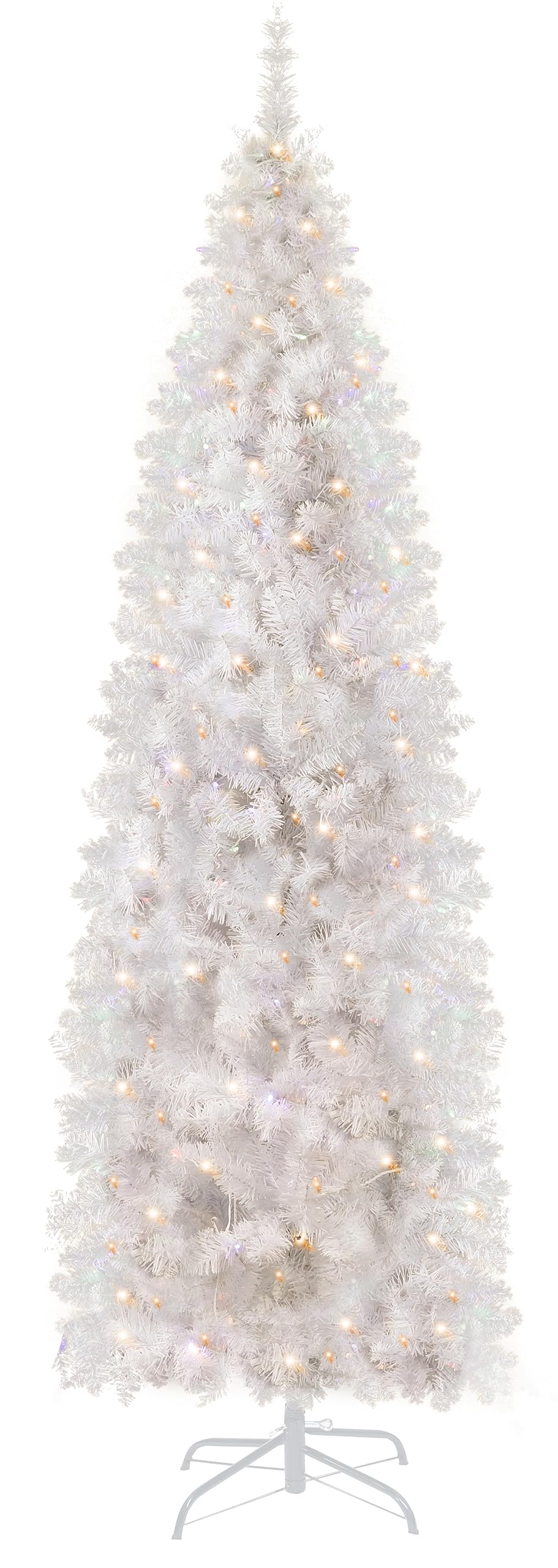 Annecy 7.5Ft Pre-Lit Fir Pencil Christmas Tree, White Artificial Slim Skinny Christmas Tree for Home, Office, Party Decoration w/ 980 Tips, 350 Warm White & Multi-Color Lights, Metal Hinges & Base