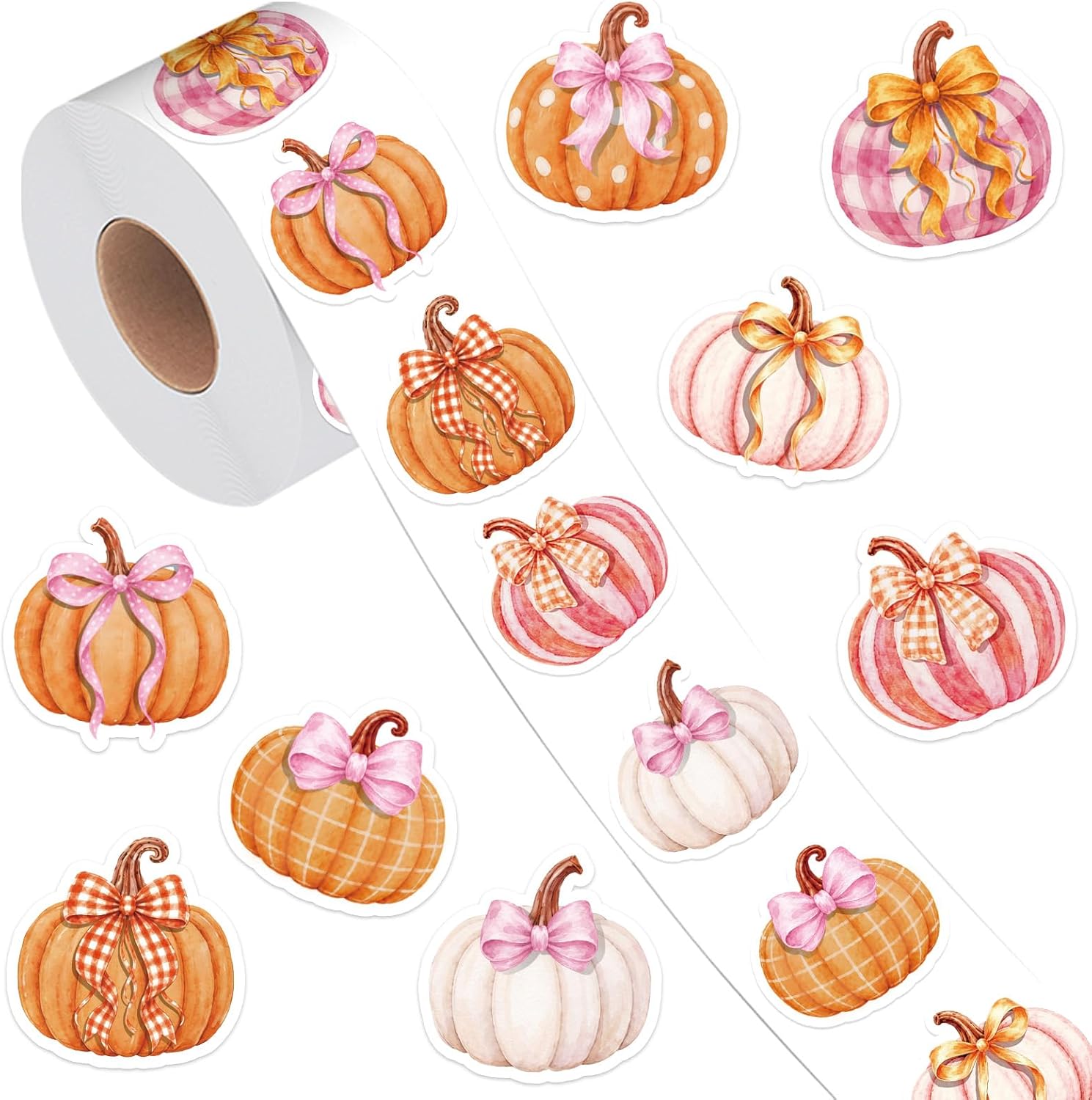 500Pcs Fall Pumpkin Stickers Roll Thanksgiving Colorful Pumpkin Paper Decal with Bow Autumn Self-Adhesive Pumpkins Sticker for Harvest Party Supplies Scrapbook Envelope Gift Decor