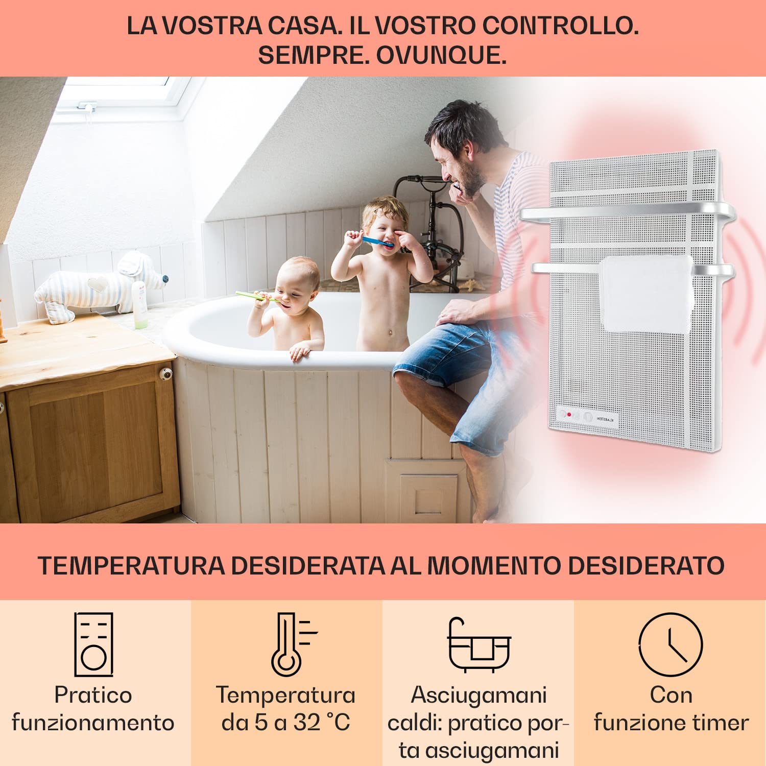 Klarstein Smart Stufa Elettrica Basso Consumo, Termoconvettore a Parete 1000W Termosifone , Riscaldamento , Pannello Radiante Infrarossi, Lampada Riscaldante, Termostato, IP24 No CO2
