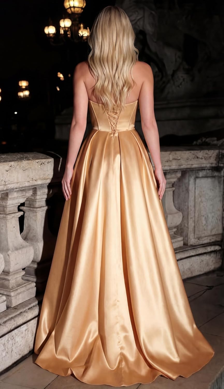 Sweetheart A line Prom Dress with Slit for Women Sparkly Sequins Satin Corset Formal Evening Dresses
