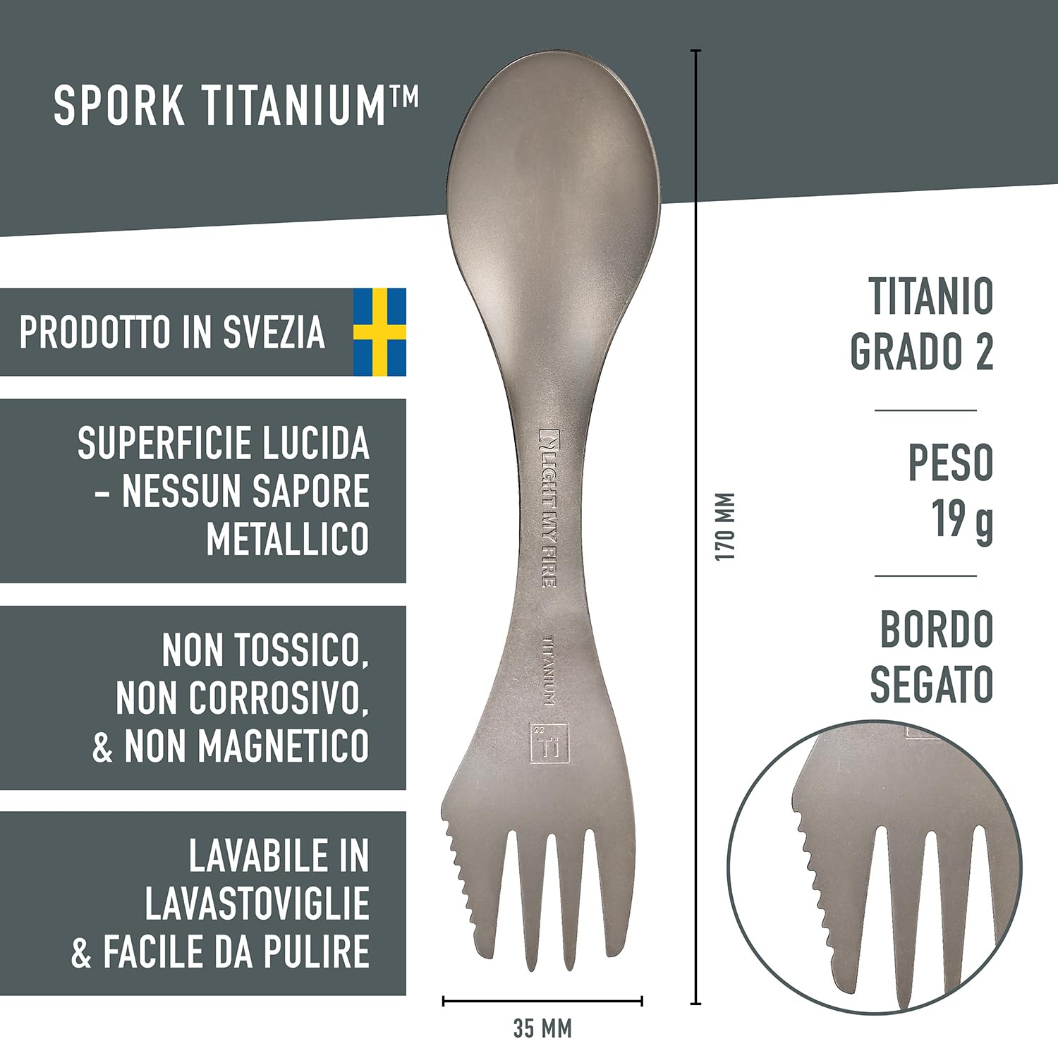 Light My Fire Spork Titanio - Combo Forchetta Coltello Cucchiaio Portatile - Posate da Viaggio e Campeggio Riutilizzabili - Posate Picnic Indistruttibili, Atossiche, Senza BPA – Spork Set da 1