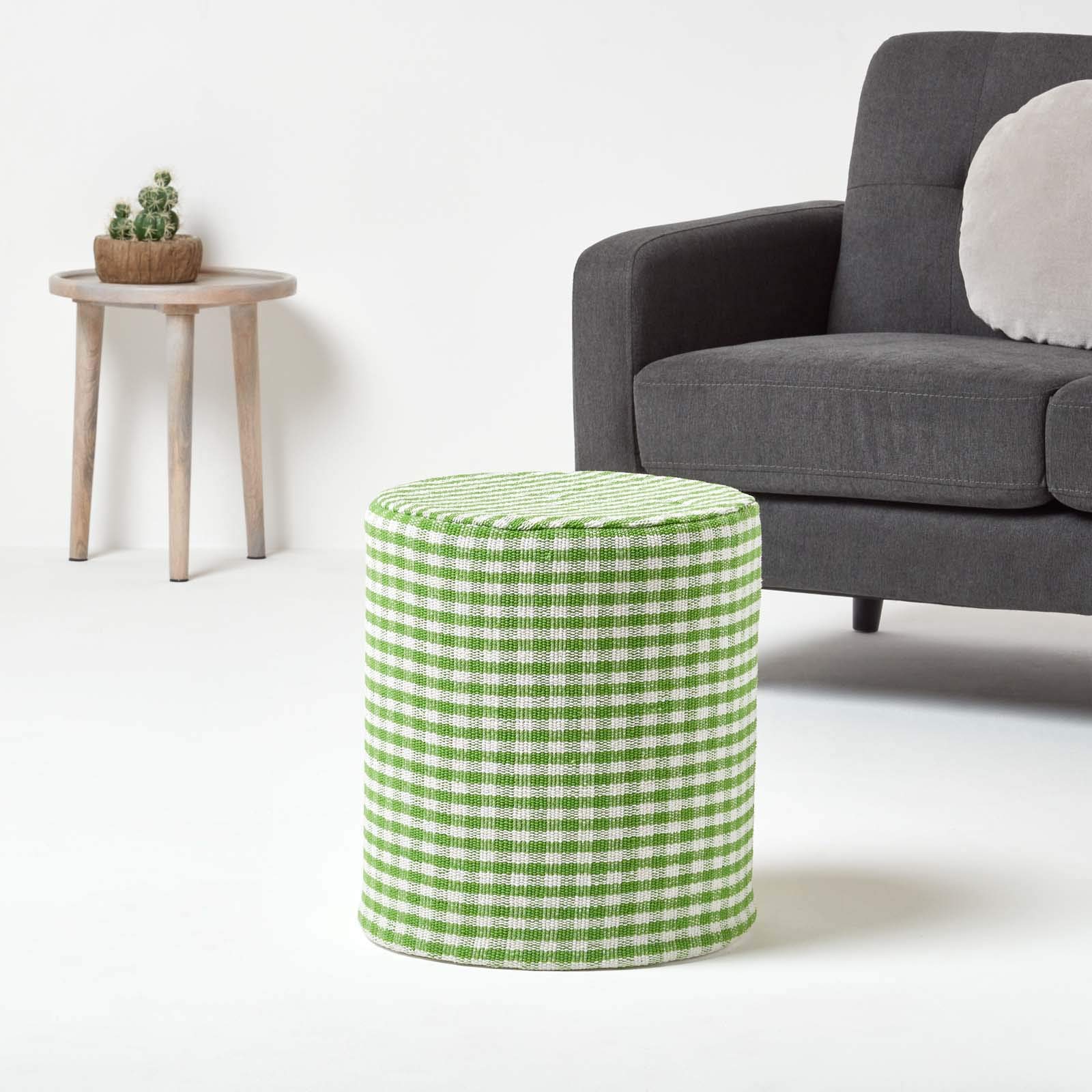 Runder Pouf Mit Vichy-Karo – Baumwollhocker 40x42 Cm Als Sitz- Oder Fußhocker In Grün-Weiß