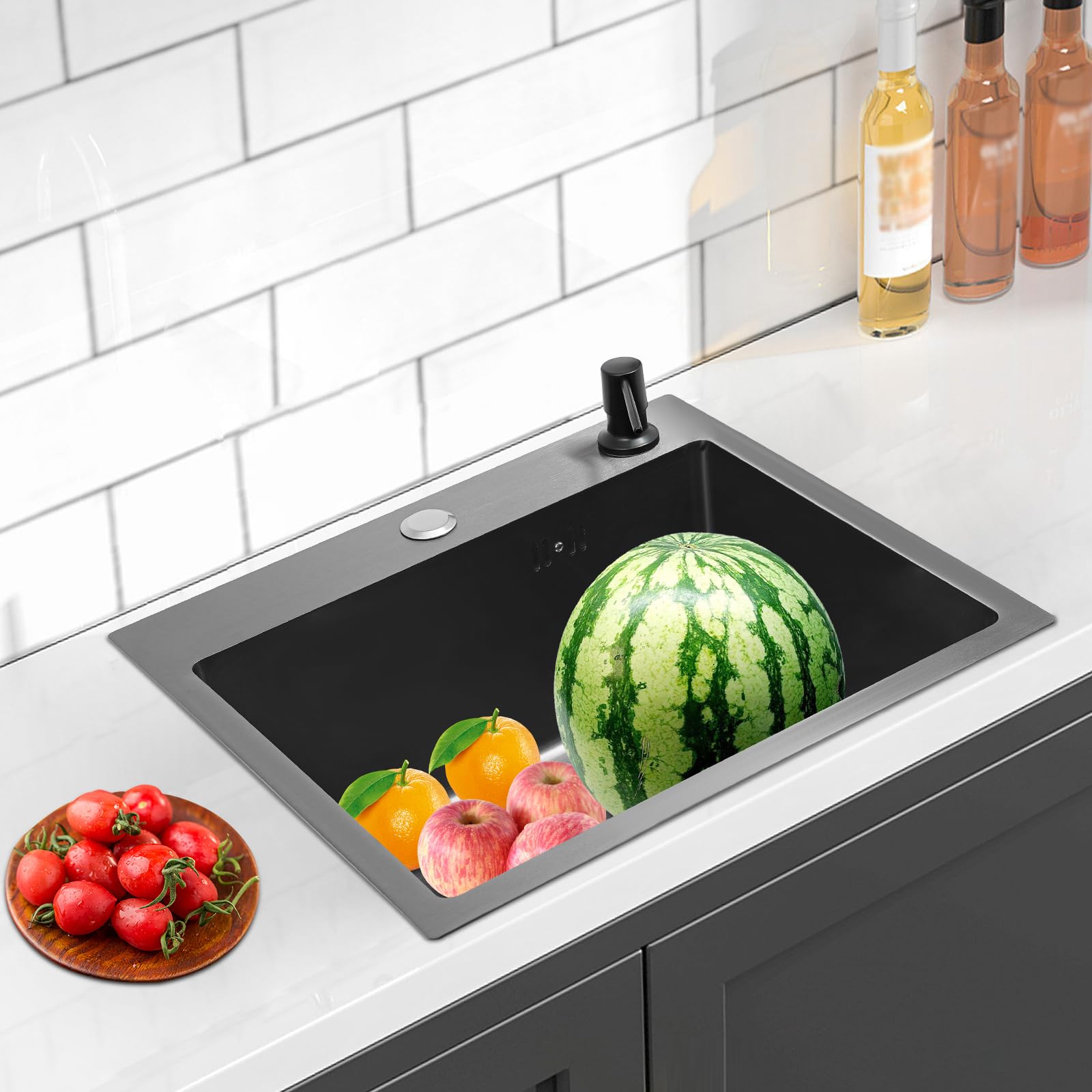 Lavello da incasso, in acciaio inox, nero, con cestello