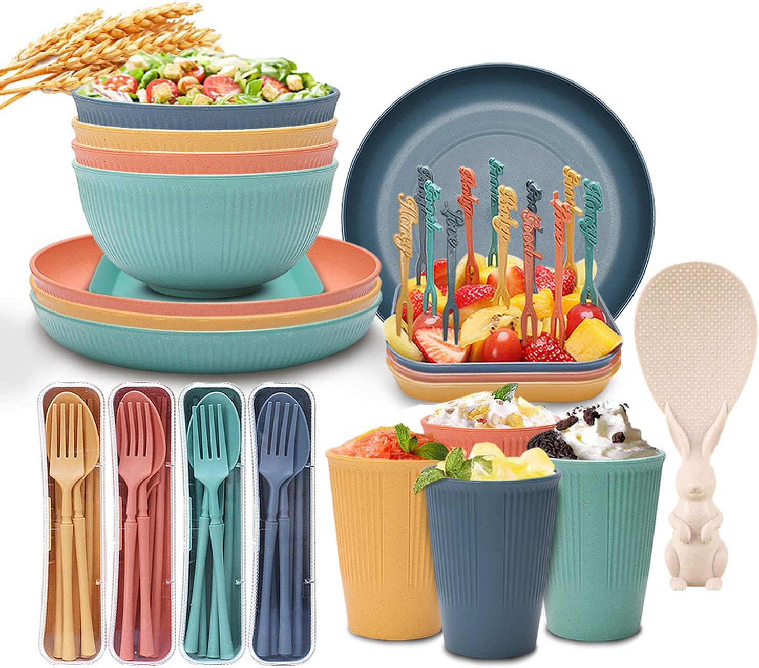 IS MUHE Wheat Straw Dinnerware Sets, utensil set, Unbreakable Dinnerware for Kids, Dinner Plates, Dessert Plate, Cereal Bowls, Cups, Wheat Straw Cutlery,Fruit fork(48Pcs) (four-color)