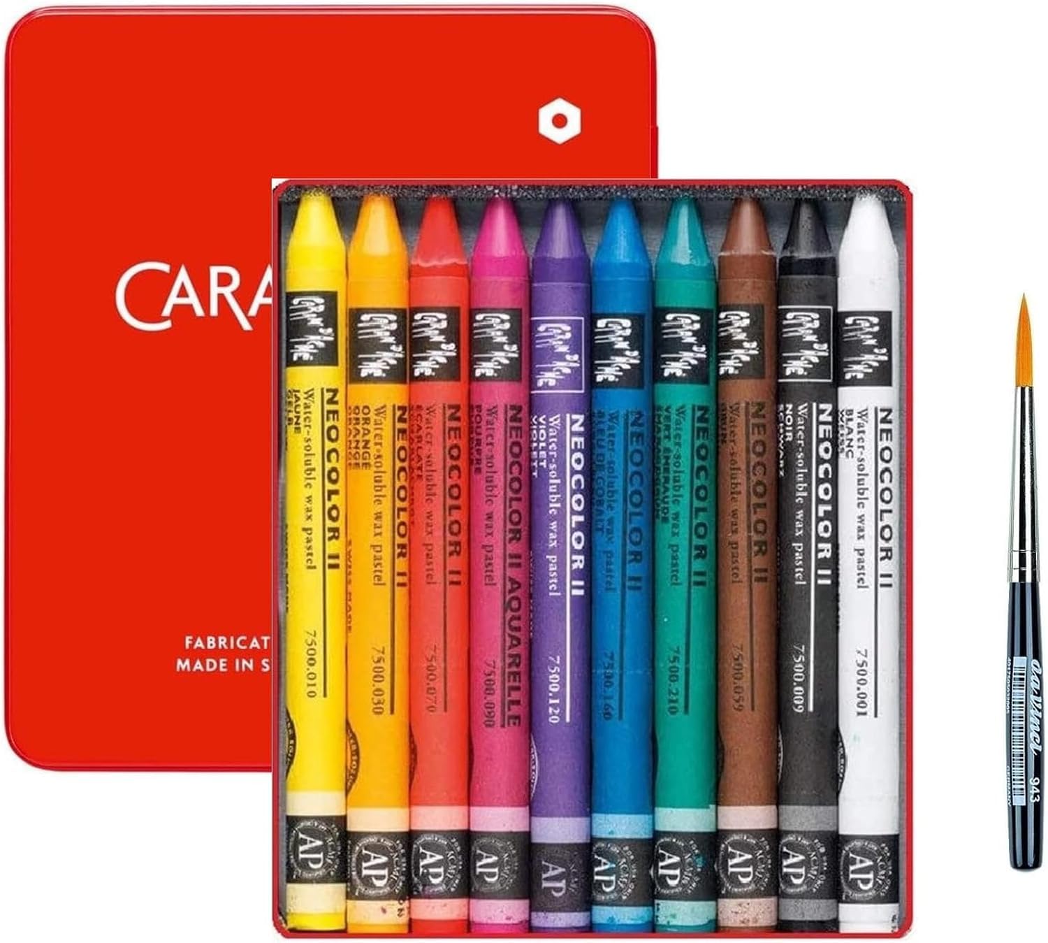 Caran d'Ache Neocolor II, Pasteles de cera acuarelables, Lápices de cera Aquarellables - Juego de 10 y 1 pinceles