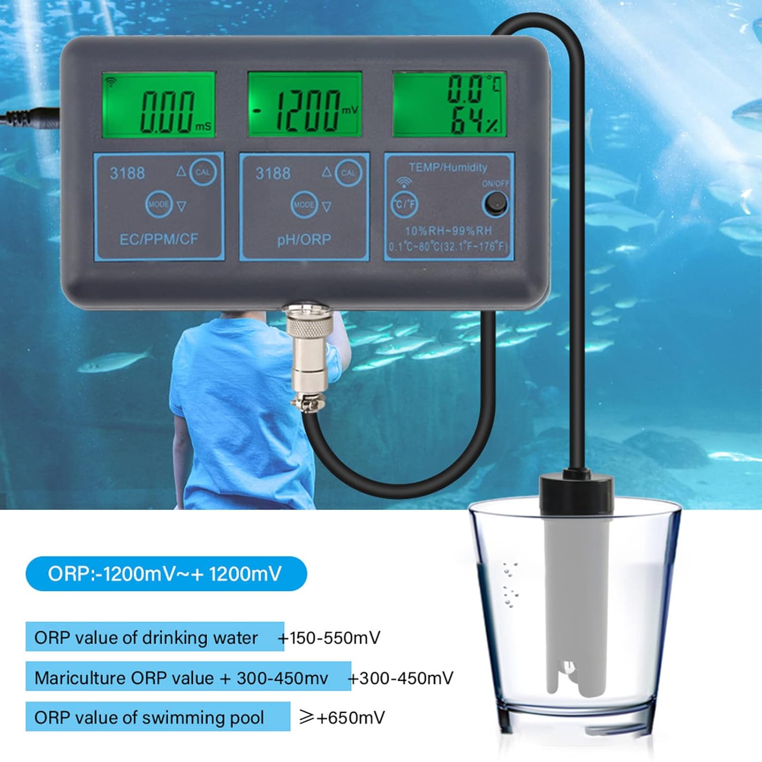 7 in 1 Water Quality Monitor - WiFi PH EC Conductivity ORP Meter - for Aquarium Pool Spa Hydroponics Testing(US Standard)