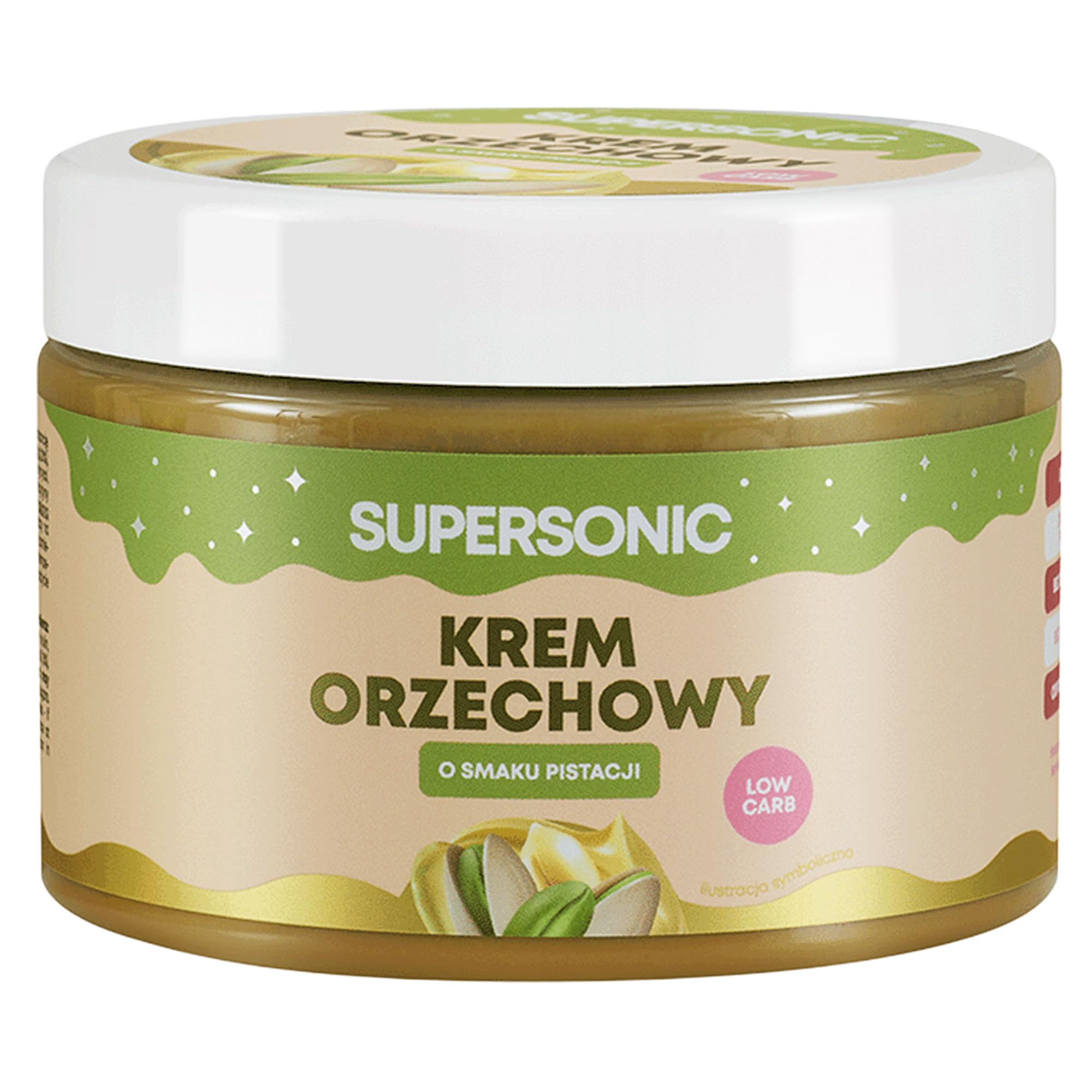 Supersonic Krem Orzechowy Pistacjowy 250 g – Bez Dodatku Cukru, Keto | Wegański, wysoka zawartość błonnika, bez oleju palmowego, 27% orzeszków ziemnych, olej MCT, inulina, do smarowania
