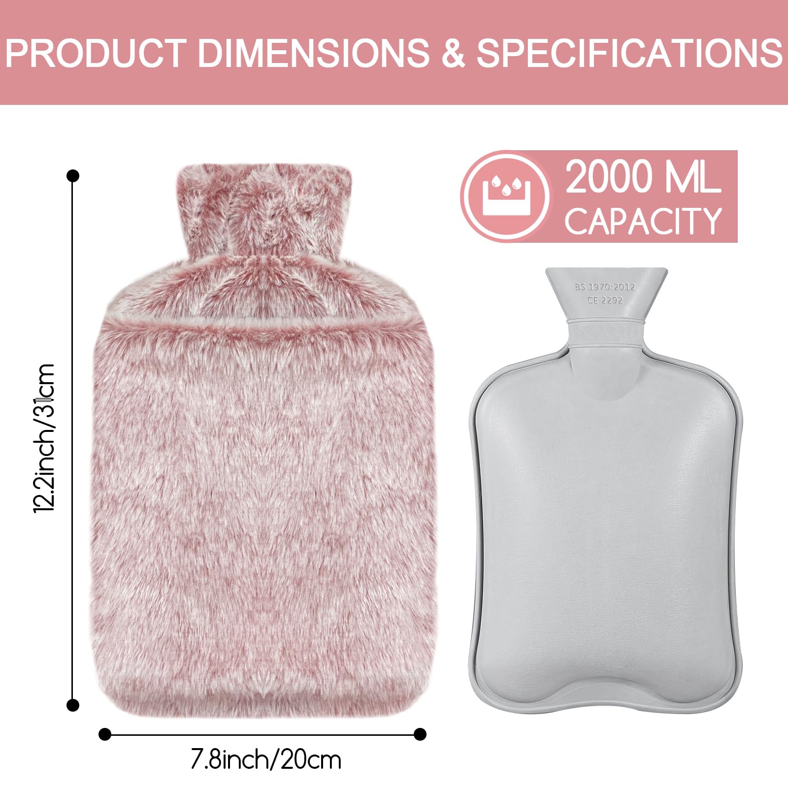 Jsdoin Borsa Acqua Calda, 2L Borsa Dell'acqua Calda con Peluche Morbida Copertura,Boule Acqua Calda, Borsa Acqua Calda per Dolori (Rosa)