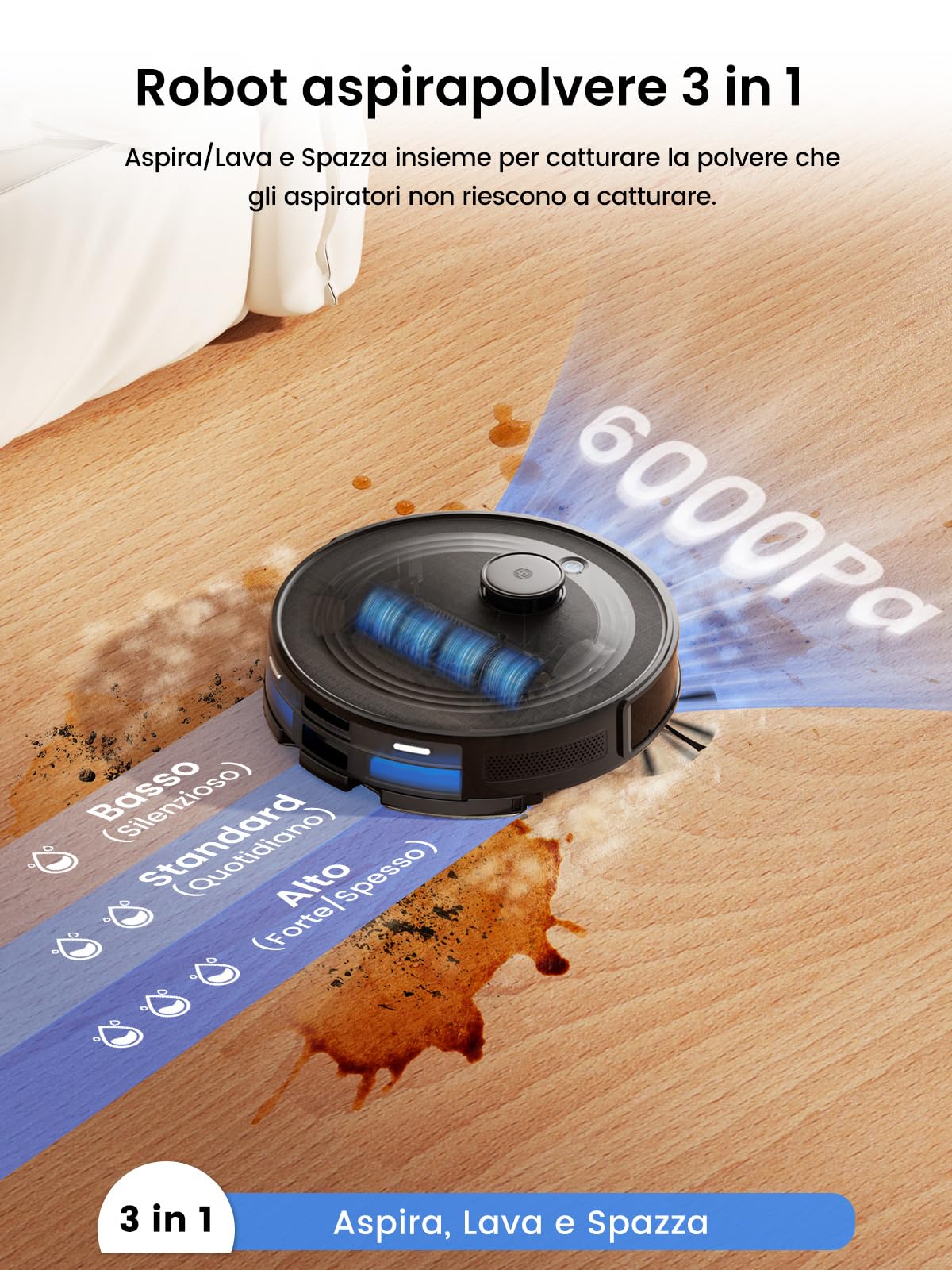 LEFANT M2 Plus Robot Aspirapolvere Lavapavimenti con Mappatura, Navigazione Laser dToF +Ostacoli PSD, 6000Pa, Stazione di Raccolta 2,2L, Pulizia Personalizzata, WiFi/App/Alexa