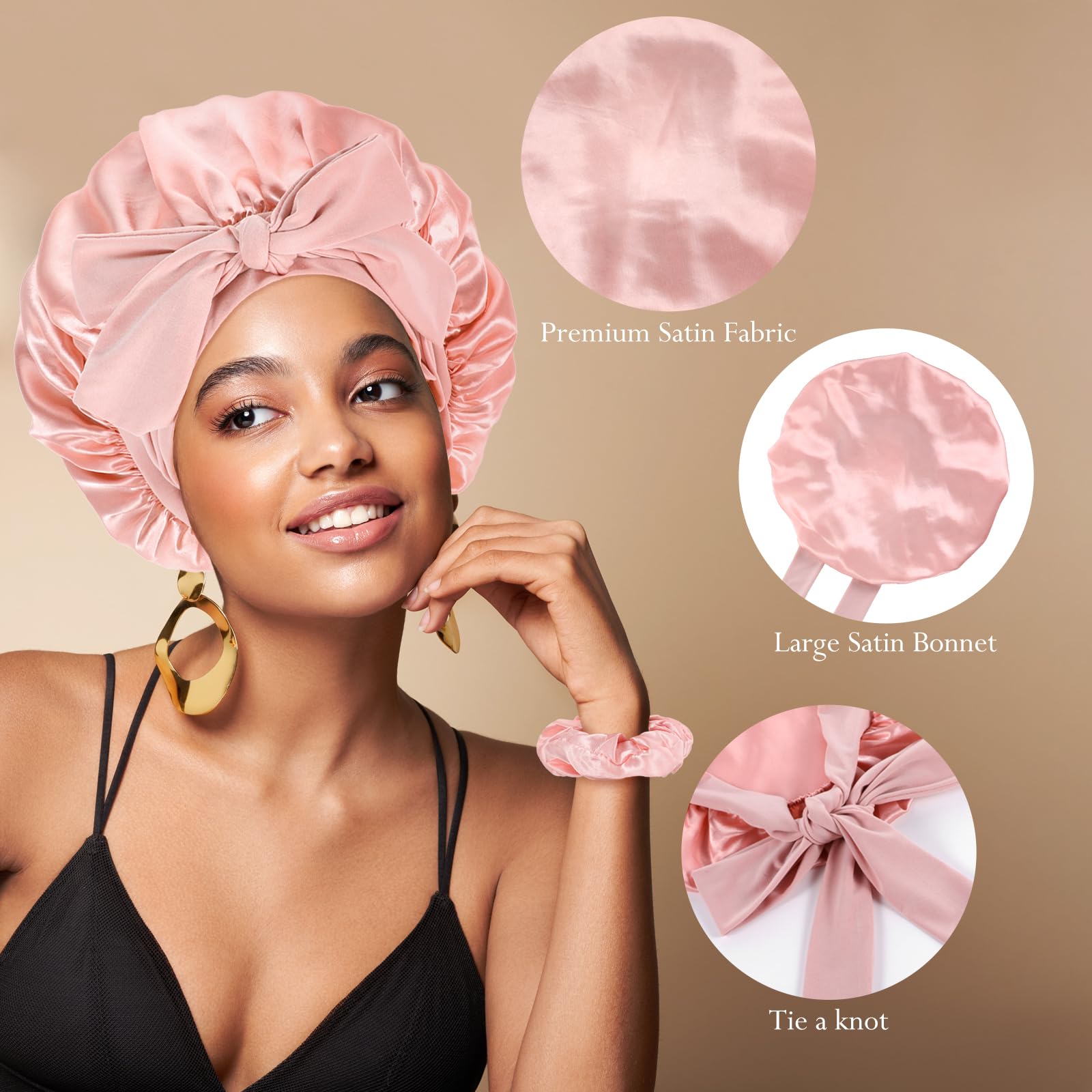 Oruola 1pcs Silk Hair Bonnet for Sleeping,Satin Hair Bonnet,Pink Sleep Bonnets with Elastic Tie Band for Women,Adjustable Silk Bonnets for Sleeping Curly Hairs with Satin Hairband,Pink - Image 2