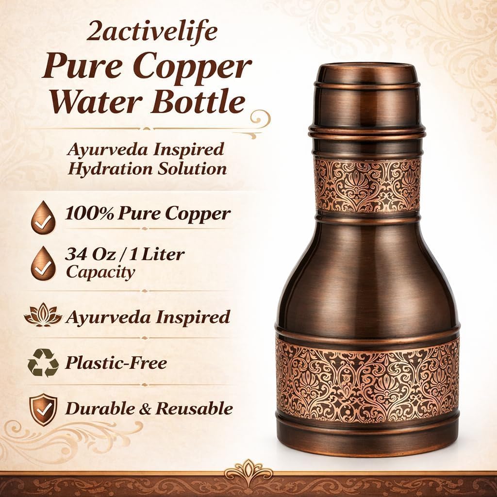 Copper Water Bottle – Bedside Carafe with Glass – Metal Water Pitcher with Lid – Ayurveda Healing Benefit Heavy Duty Vessel – 34 Oz