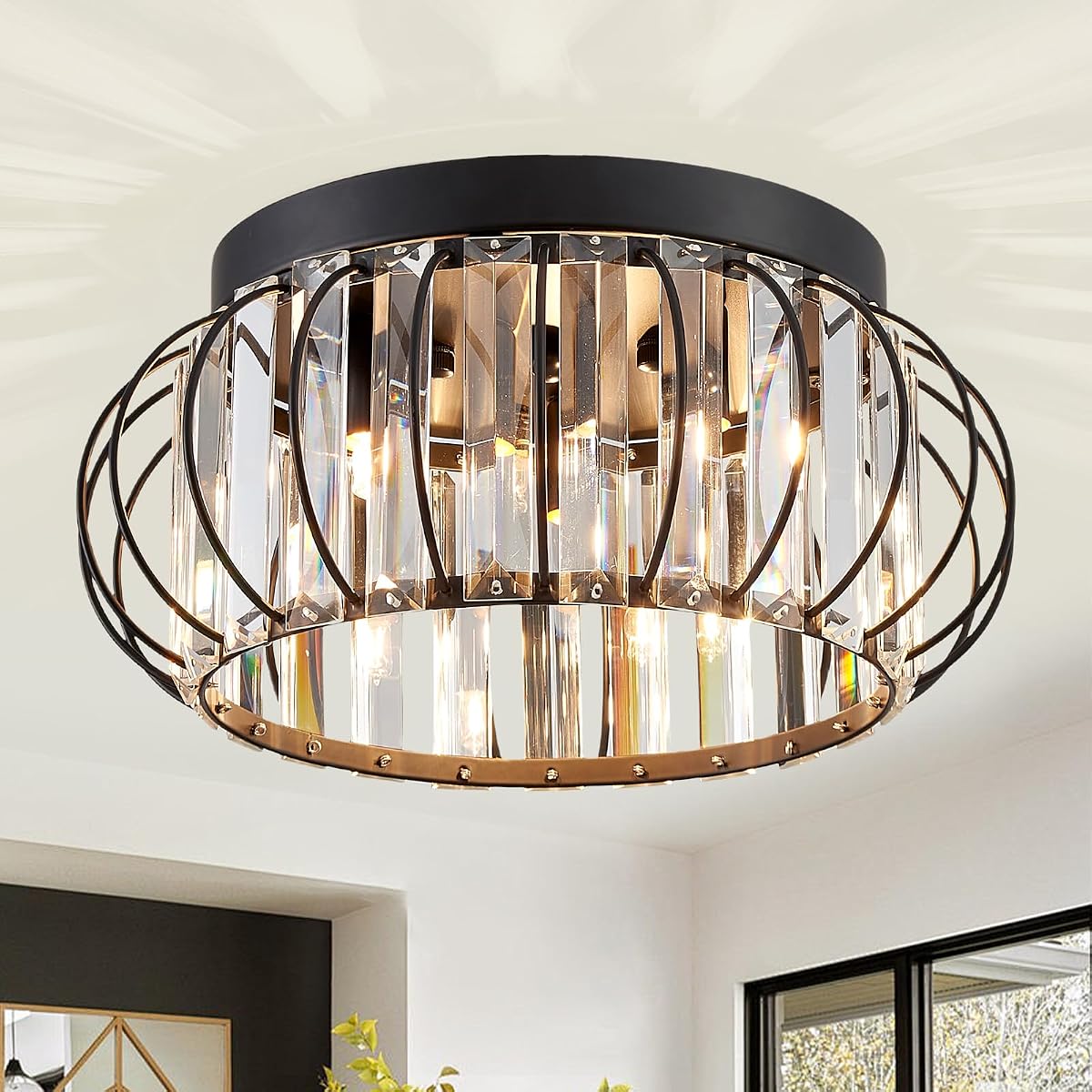 Cabvope Black Flush Mount Ceiling Light Fixtures 3-Light Metal Crystal