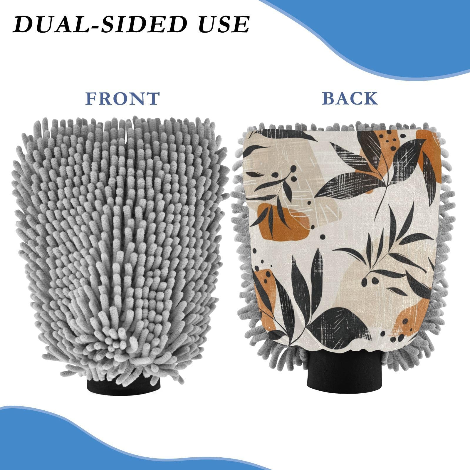 ALAZA Retro Leaves Car Wash Mitt Scratch Free, 2 Pack Absorbent Microfiber/Chenille Washing & Drying Mitts, L