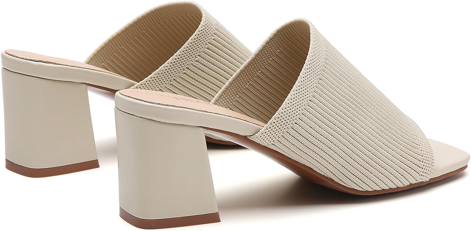 Tilocow Knit Heeled Sandals for Women, Square Open Toe Heels Sandals, Chunky Block Low Heel Slip On Mules - Image 6