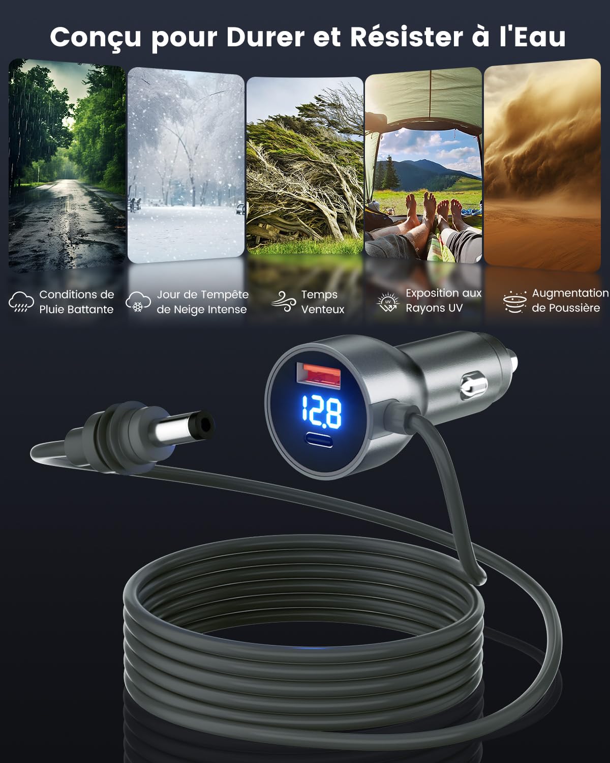 Mwin Starlink Mini Câble - Accessoires Starlink Mini Chargeur de Voiture 3 en 1, Adaptateur Allume-Cigare 12V-24V avec Affichage Numérique, Ports USB C/USB A Charge Rapide 30W pour Voitures (3M)