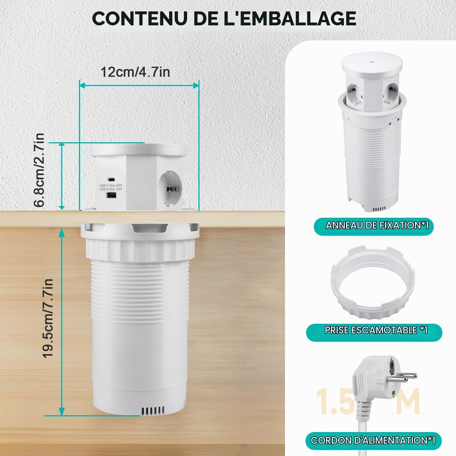 Bloc Prise Encastrable Plan de Travail Multiprise Encastrable, Prise de Table Escamotable 3 Prises avec 1 USB C 1 USB A - Table Rétractable - avec Chargeur sans Fil (Blanc)