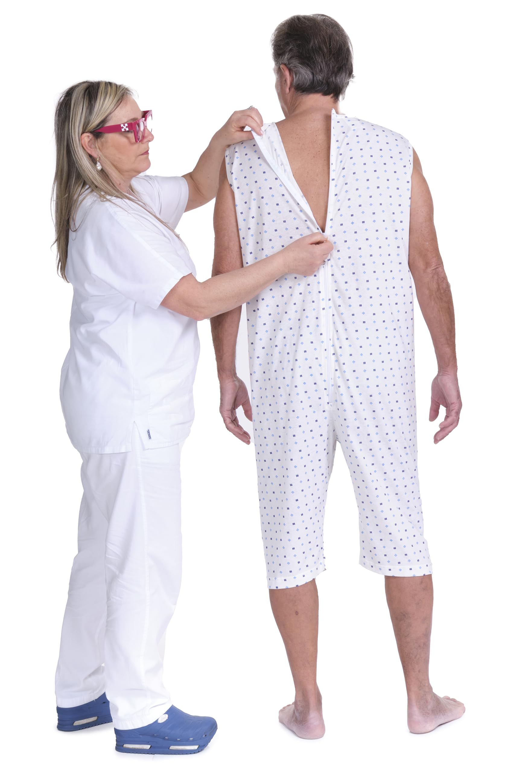 FERRUCCI COMFORT Pijama sanitario sin mangas 100% algodón con cremallera dorso para ancianos incontinencia Alzheimer
