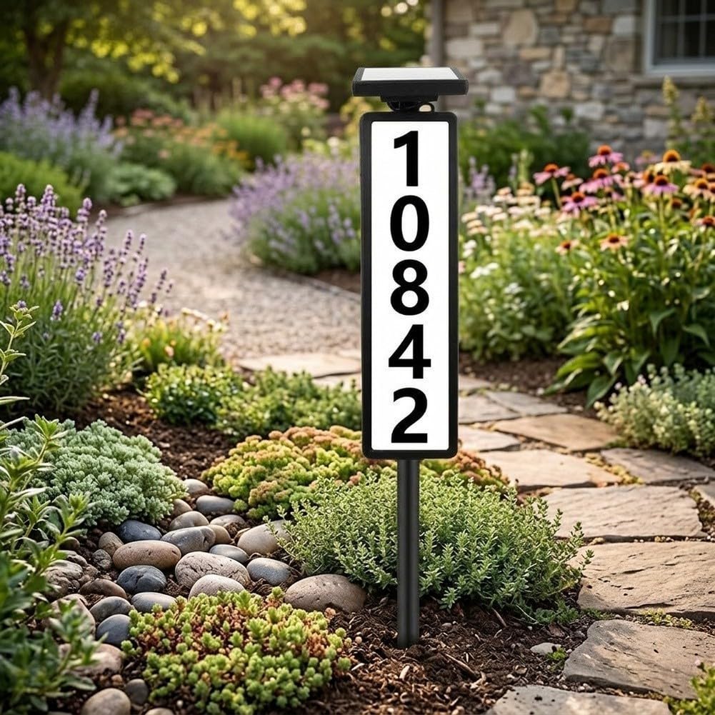 Número de casa solar iluminado, resistente al agua, con paneles duales, altura regulable, 3 temperaturas de color, placa LED para dirección de jardín, entrada de jardín, material ABS, incluye juego de