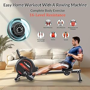 Wenoker Rowing Machine for Home, Magnetic Rower Machine, 350 LB Weight Capacity, 16-Level Silent Resistance Row Machine for Gym Exercise Full-Body Workout Compact Rower with LCD Monitor Tablet Holder