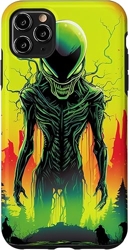 Vista 25 de iPhone 14 Pro Max Cute Green Alien Head UFO Space Face Alien Case