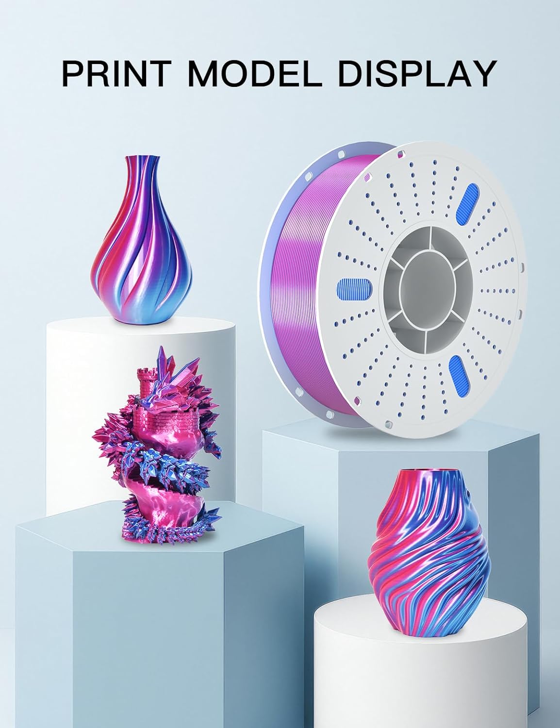 PINBALL Silk PLA 3D Printer Filament 1.75mm Shiny Silk Dual Color Filament 3D Printing PLA Filament Dimensional Accuracy +/- 0.02mm 1 KG Silk Dual Color Blue-Red