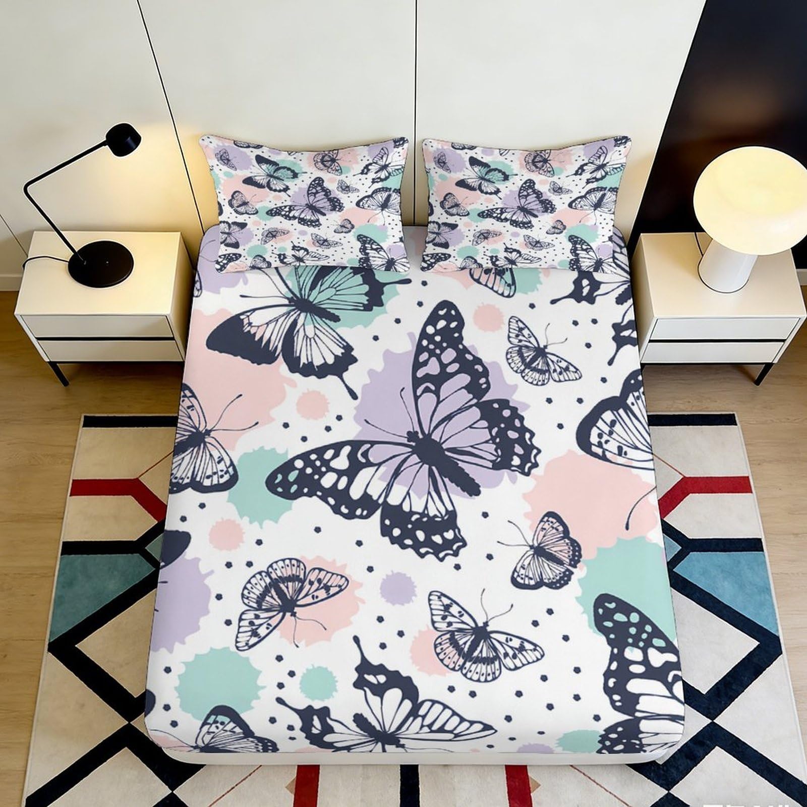 3D Printed Butterfly Pattern Fitted Sheet Microfiber Soft Pastel Bed Cover for Bedroom Dorm Guest Mattress Decor 90x200x25cm