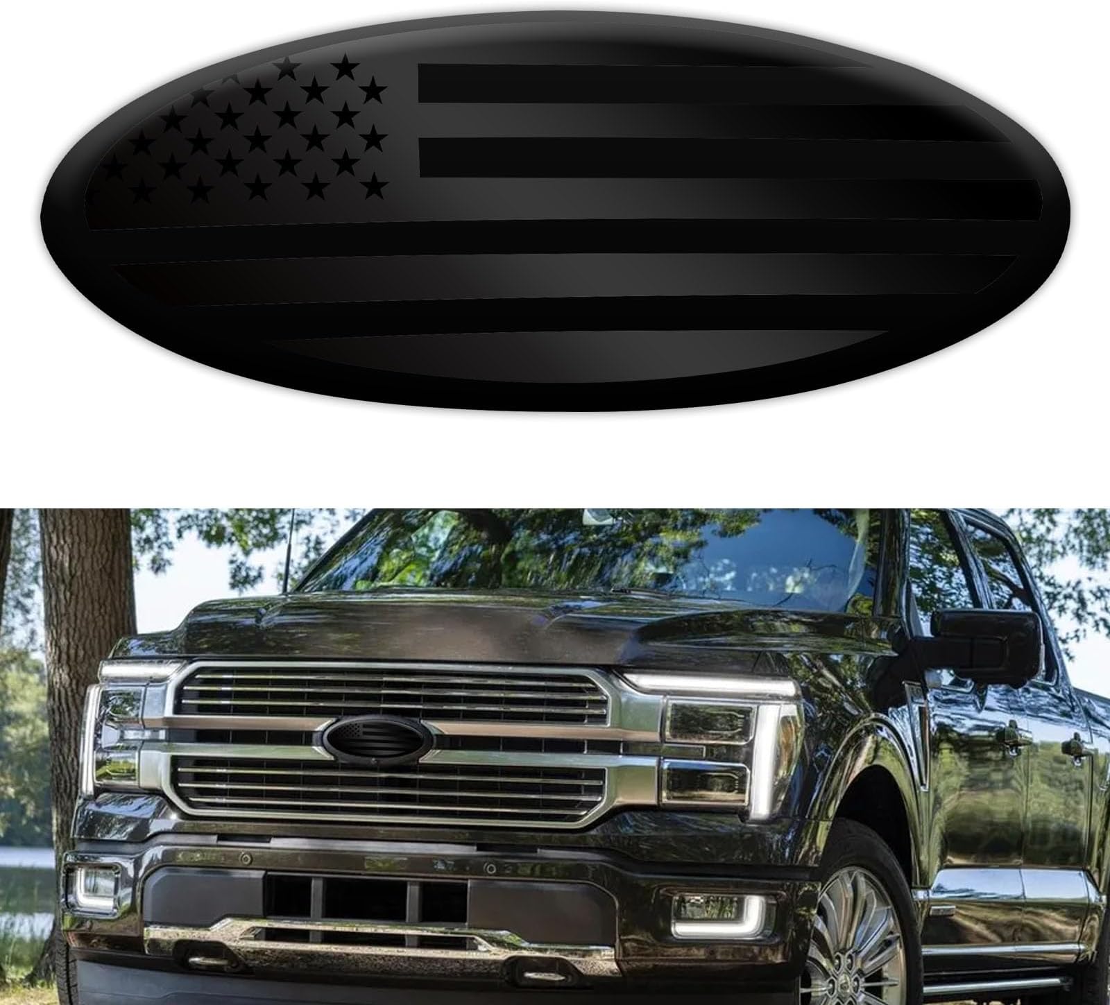 Ford Front Grill Emblem, 9 Inch Front Grille Tailgate Car Decoration Emblems, Oval American Flag Overlay Emblem Compatible with Ford F150 F250 F350 Edge Explorer(Black)