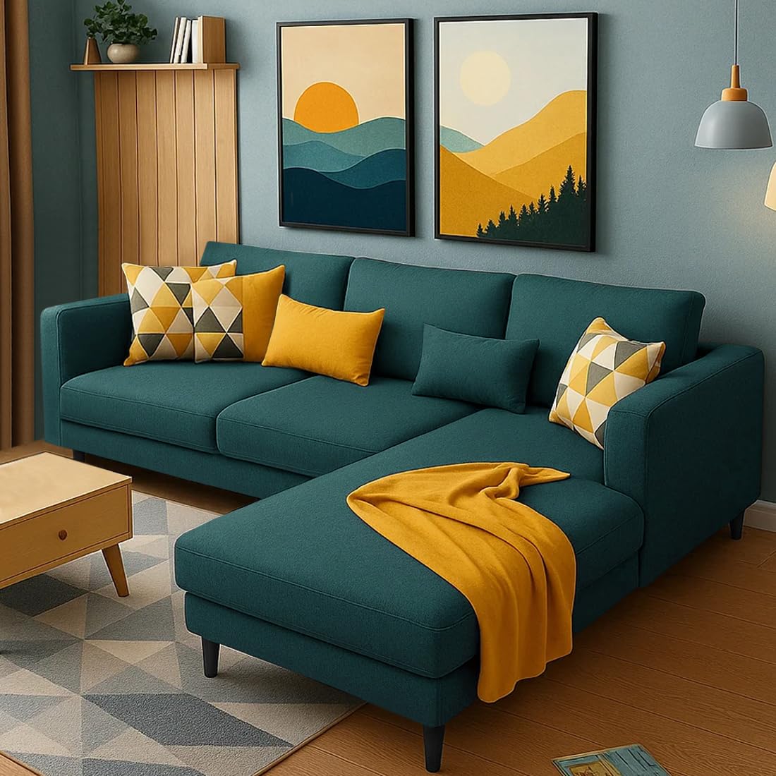 FURNY Mintona 4 Seater Fabric RHS L Shape Sofa Set (Teal)-image-29