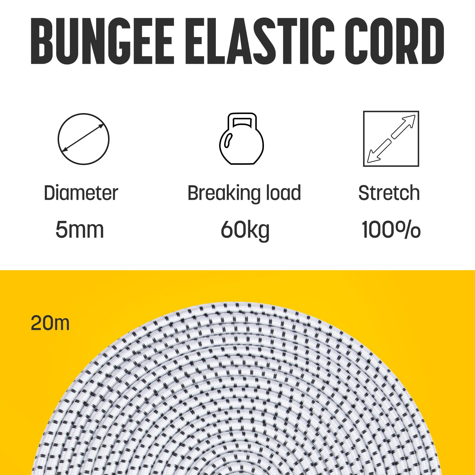 Kamu Synber Bungee Cord 5mm x 20m Elastic Shock Cord Bungee Rope for Tarpaulin Kayak, Tie Down, Camping, White/Black - Image 2