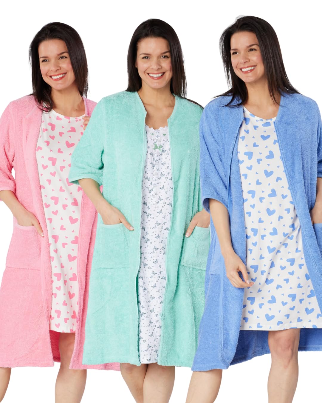 Suzy & Me Peignoir à manches 3/4 avec fermeture éclair 100 % coton pour femme | Manches 3/4, fermeture éclair, tissu éponge, 100 % coton