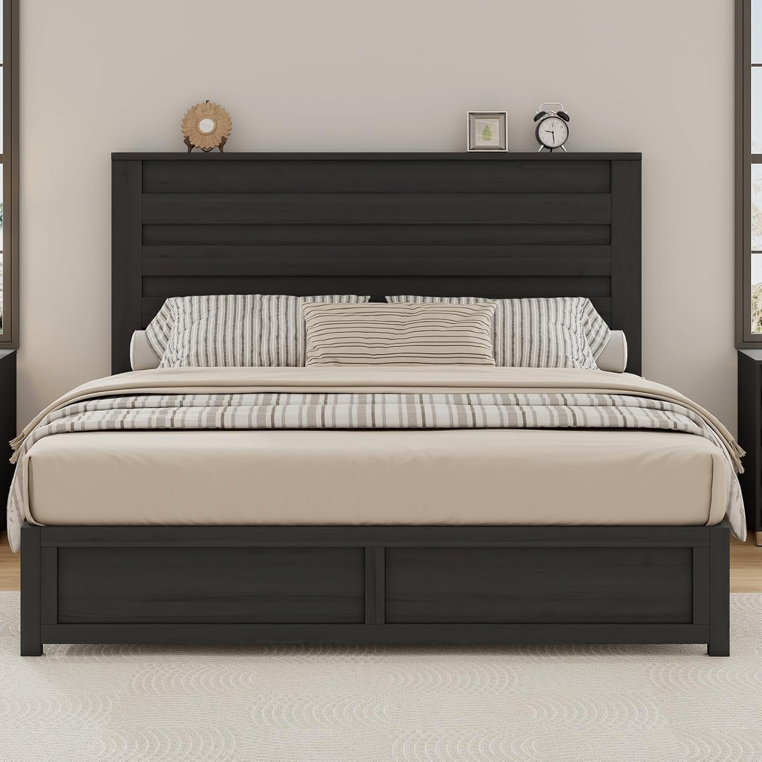 Albott Queen Size Farmhouse Bed Frame with 49" Headboard, Platform Bed Frame with Wood Slats Support/No Box Spring Needed/Easy Assembly, Black