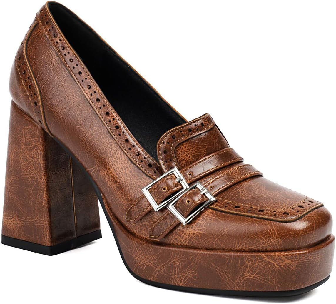 Women's Leather Buckle Chunky High Heel Loafers Pumps Fashion Closed Round Toe Slip On Platform Block Heel Pumps Comfort Office Work Dressy Shoe