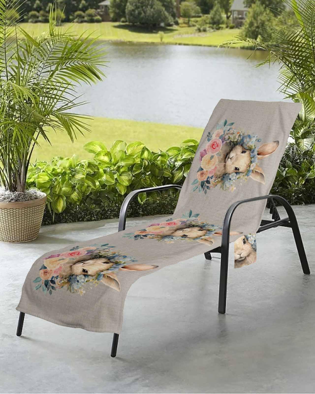 Easter Rabbits Gray Beach Chair Towel Covers for Chaise Lounge with Side Pocket, Soft Plush Pool Towels Cover for Patio Sunbathing Outdoor 29''x85'' Easter Bunny Spring Rose Flower