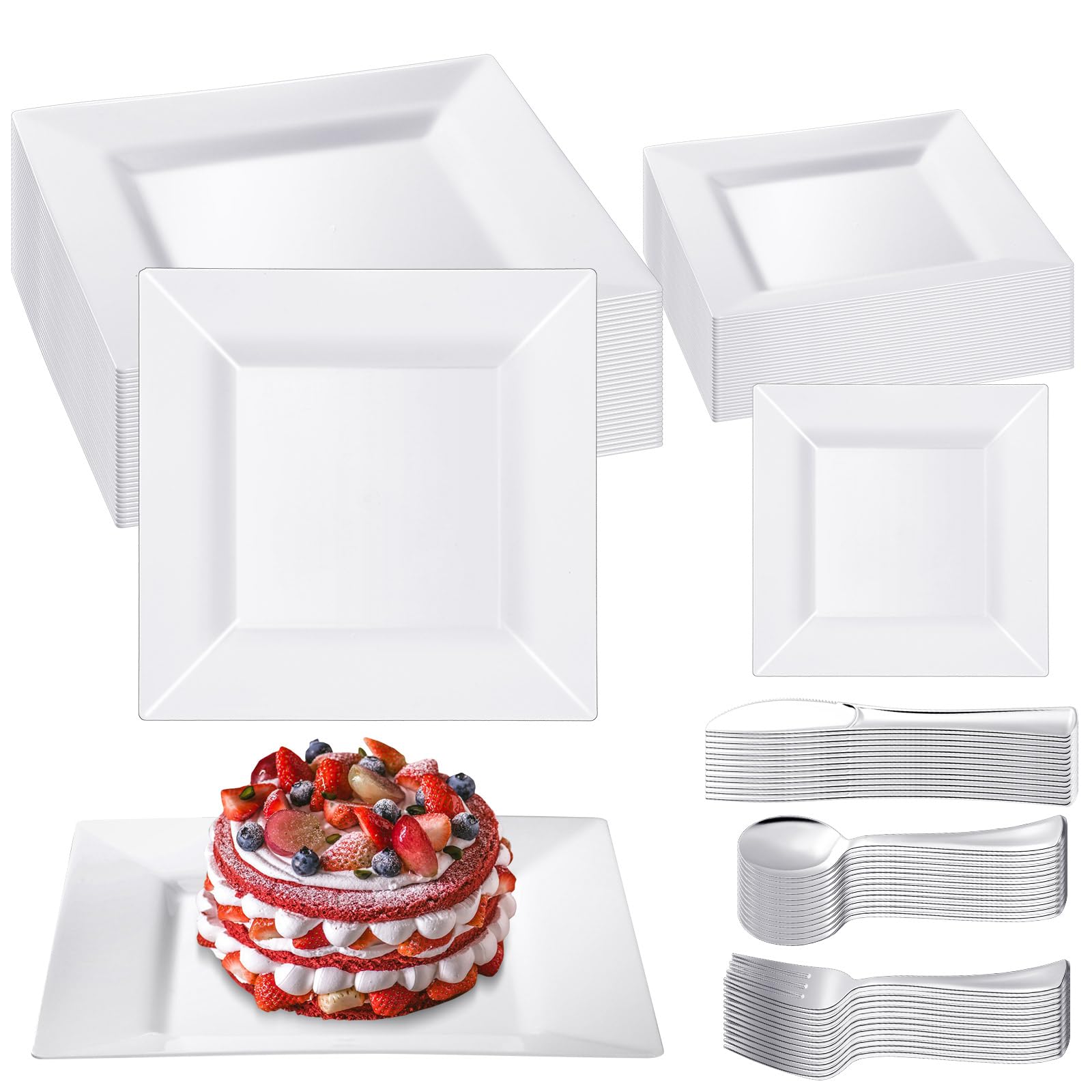 300 Pieces Square Plastic Dinner Plates Bulk White Plastic Dinnerware Set Include 60 Dinner Plates 60 Dessert Plates 60 Forks 60 Spoons 60 Knives Disposable Plates Set for Parties Wedding Picnics