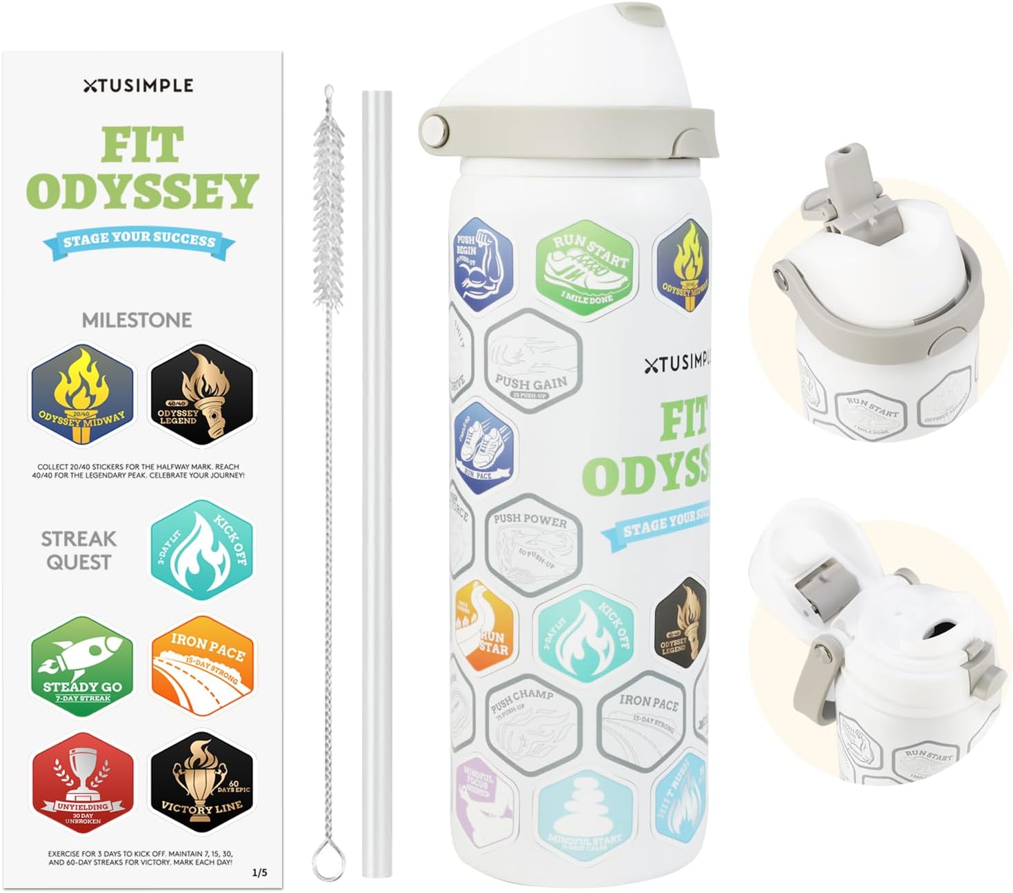 32 oz Motivational Insulated Stainless Steel Water Bottle for Sports, Gym & Travel, 2-in-1 Push-Button Spout & Quick-Flip Straw, Leak-Proof BPA-Free, Keeps Cold 30H, with DIY Fitness Stickers