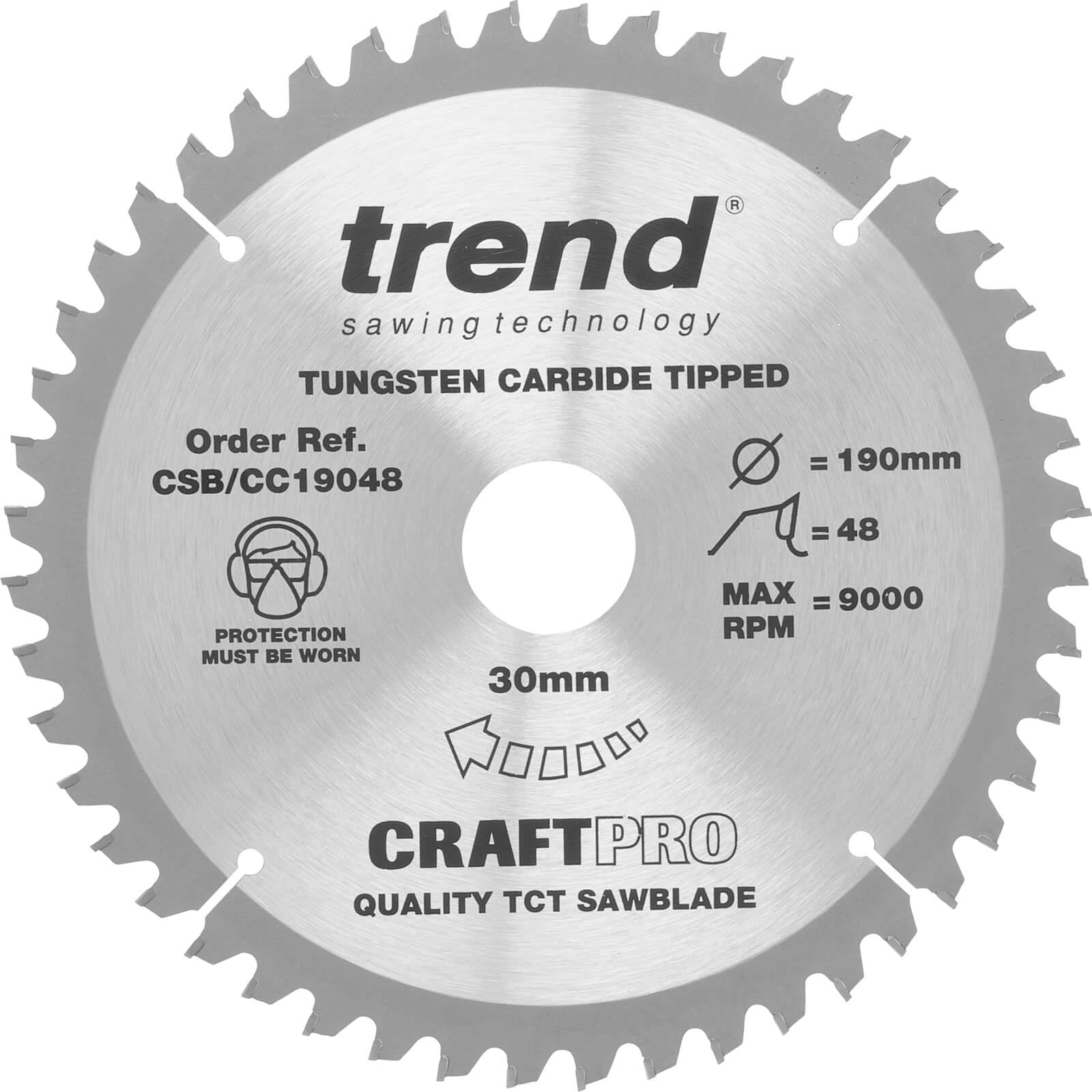 Trend Wood Mitre Saw Blade, 190mm Diameter, 30mm Bore, 48 Teeth, 2.6mm Kerf, -5° Hook, TCT, Fine Finish, CSB/CC19048
