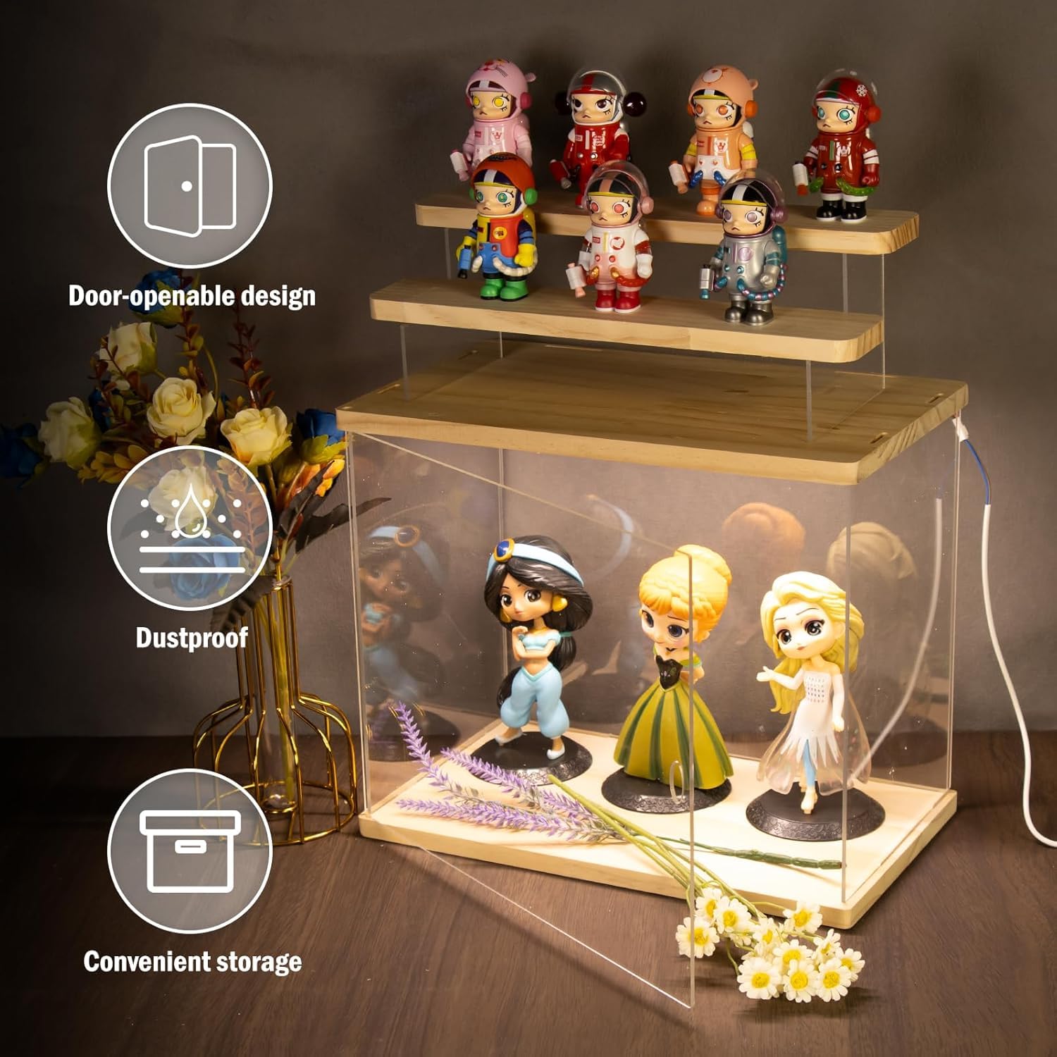 Vetrina Acrilico con Luce per Collezionismo, 3 Livelli Scatola Teca Plexiglass con Porta e Gradini, Antipolvere Vetrina Espositiva per Funko Pop, Modellini, Figurine, Rocce