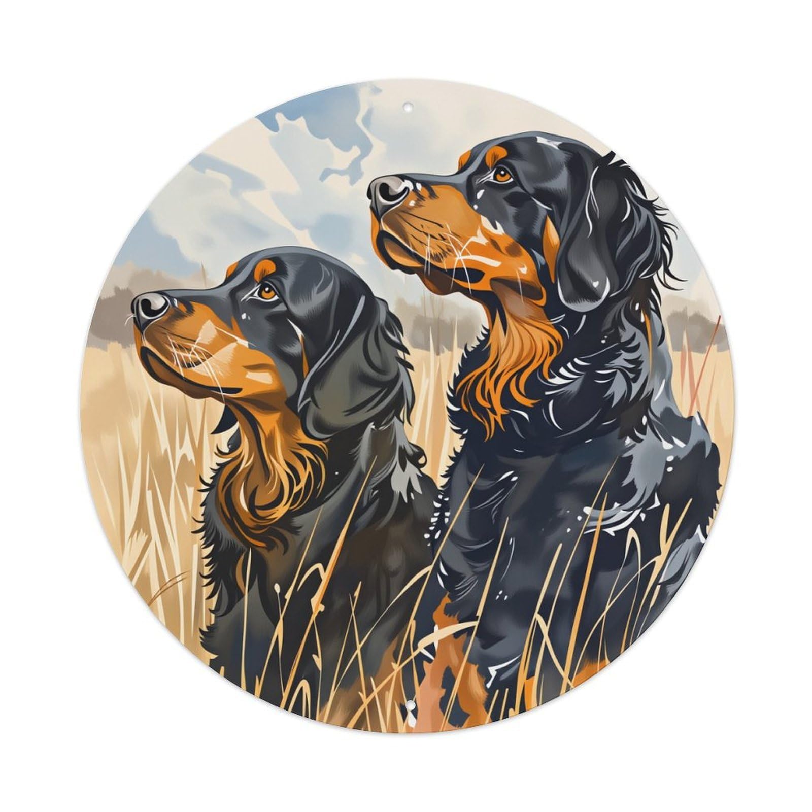 Dog Field Hunting Portrait Art Round Tin Sign Vintage Style Metal Sign Home Bar Garden Wall Plaque Decor Metal Poster 8x8 Inch
