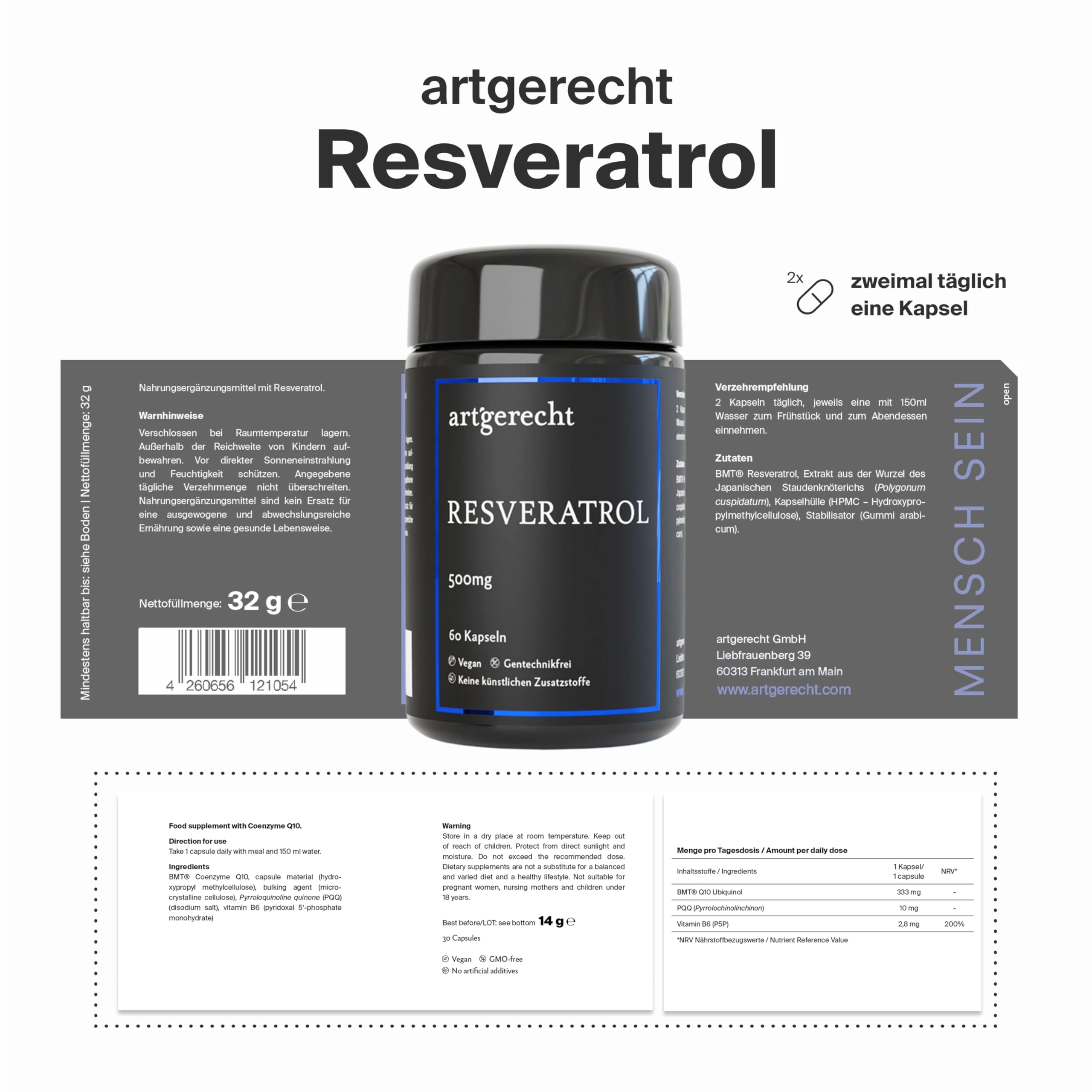 RESVERATROL 500 mg 60 Kapseln – Hochdosiertes Trans-Resveratrol mit BMT® Mikroverkapselung | Unterstützt Zellschutz, Herzgesundheit, Vitalität | Vegan, ohne Zusatzstoffe | Japanischer Staudenknöterich