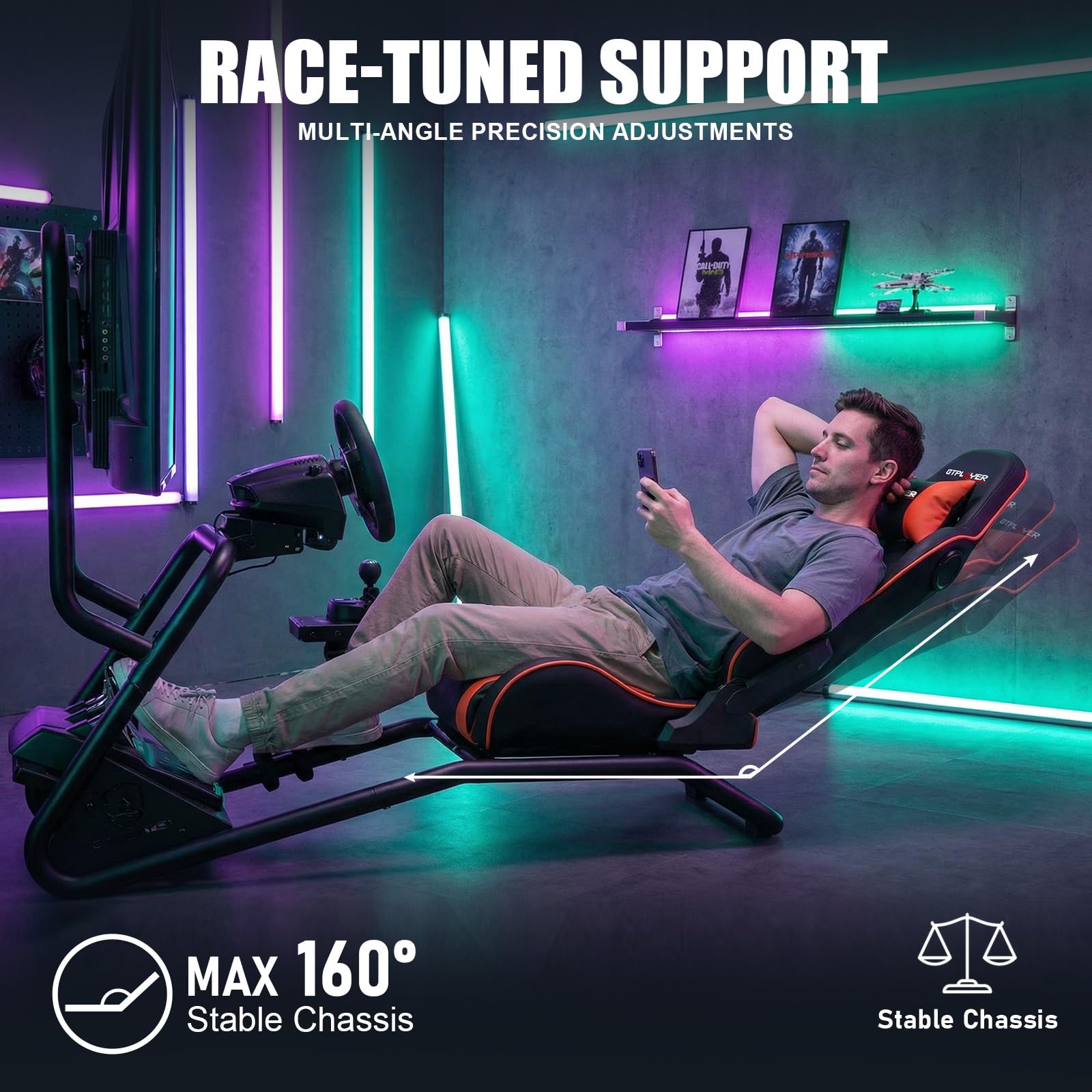 GTPLAYER Simulator Cockpit, Supporto per volante da simulatore di corse con altoparlanti stereo 3D, con supporto regolabile per volante, monitor, cambio e pedali (Rosso)