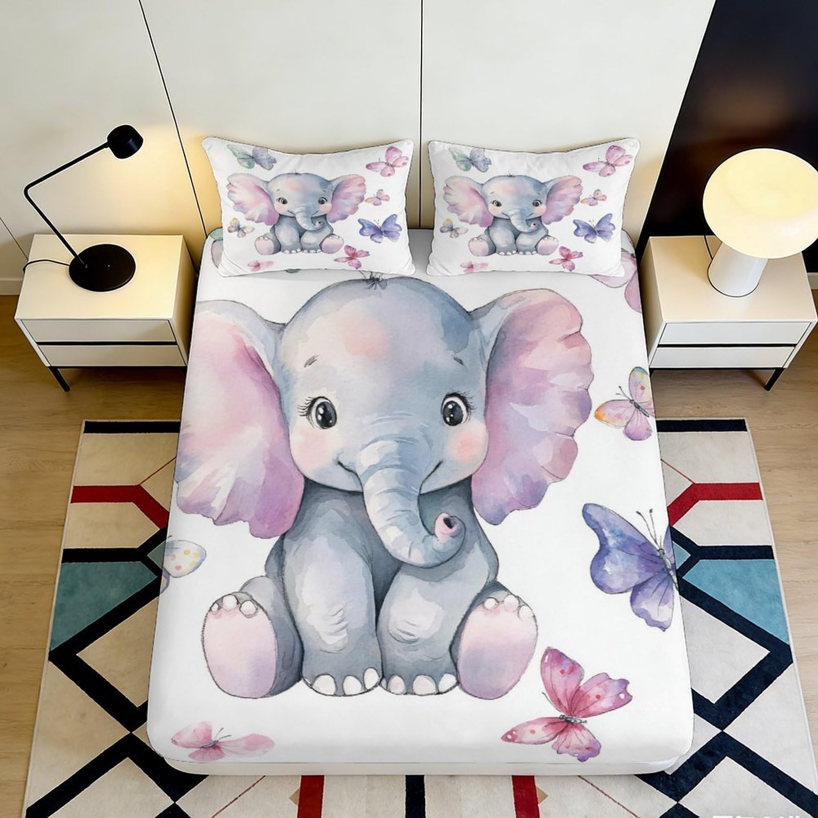 3D Printed Cartoon Elephant Fitted Sheet Microfiber Deep Pocket Bedding Room Cartoon Elephant Mattress Fitted Cover Elastic Hem 90x200x25cm