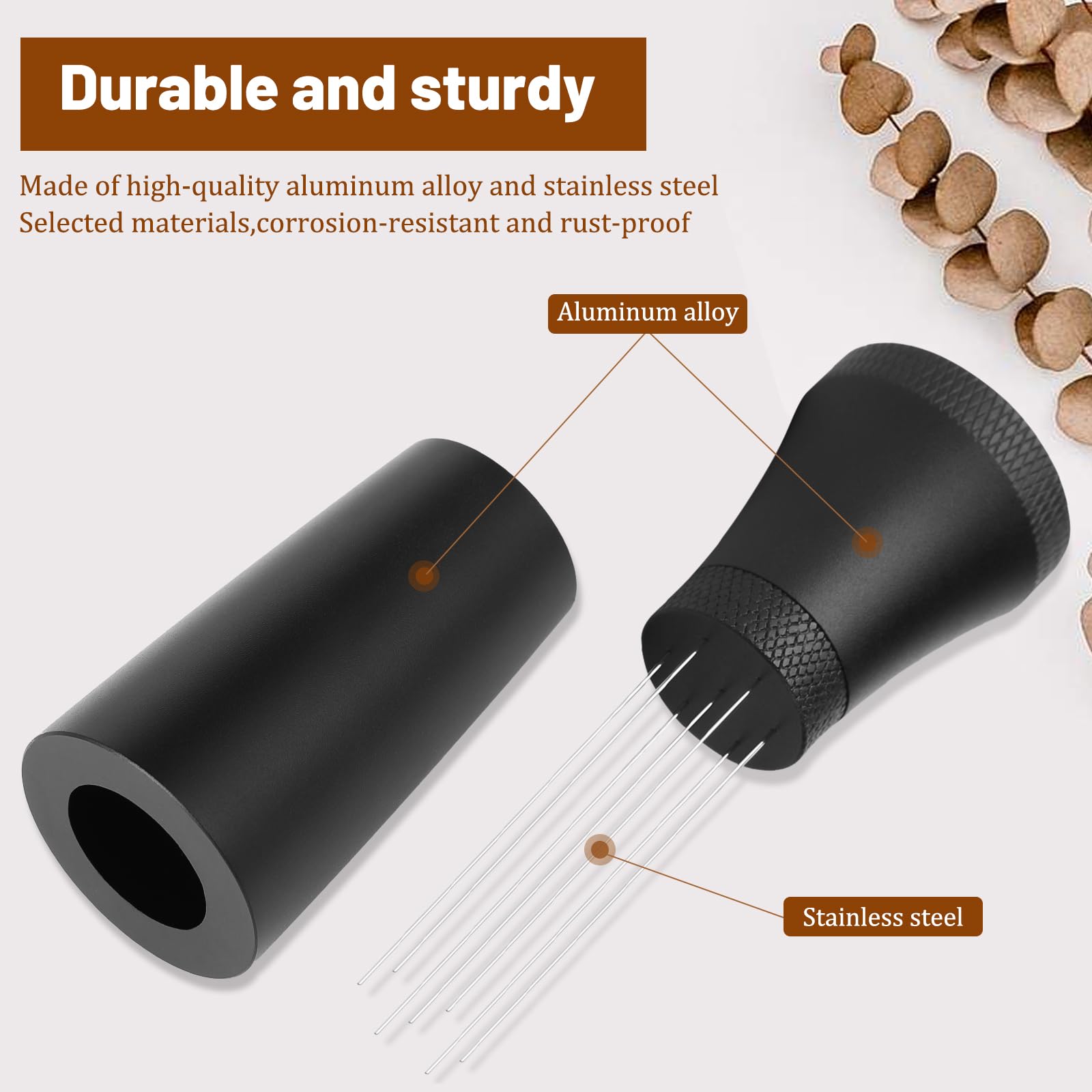 Wdt Tool Afneembare koffiedispenser van aluminium, espressodispenser met standaard en 7 naalden 0,35 mm, koffienaalddispenser voor barista's (extra 13 reservaalden
