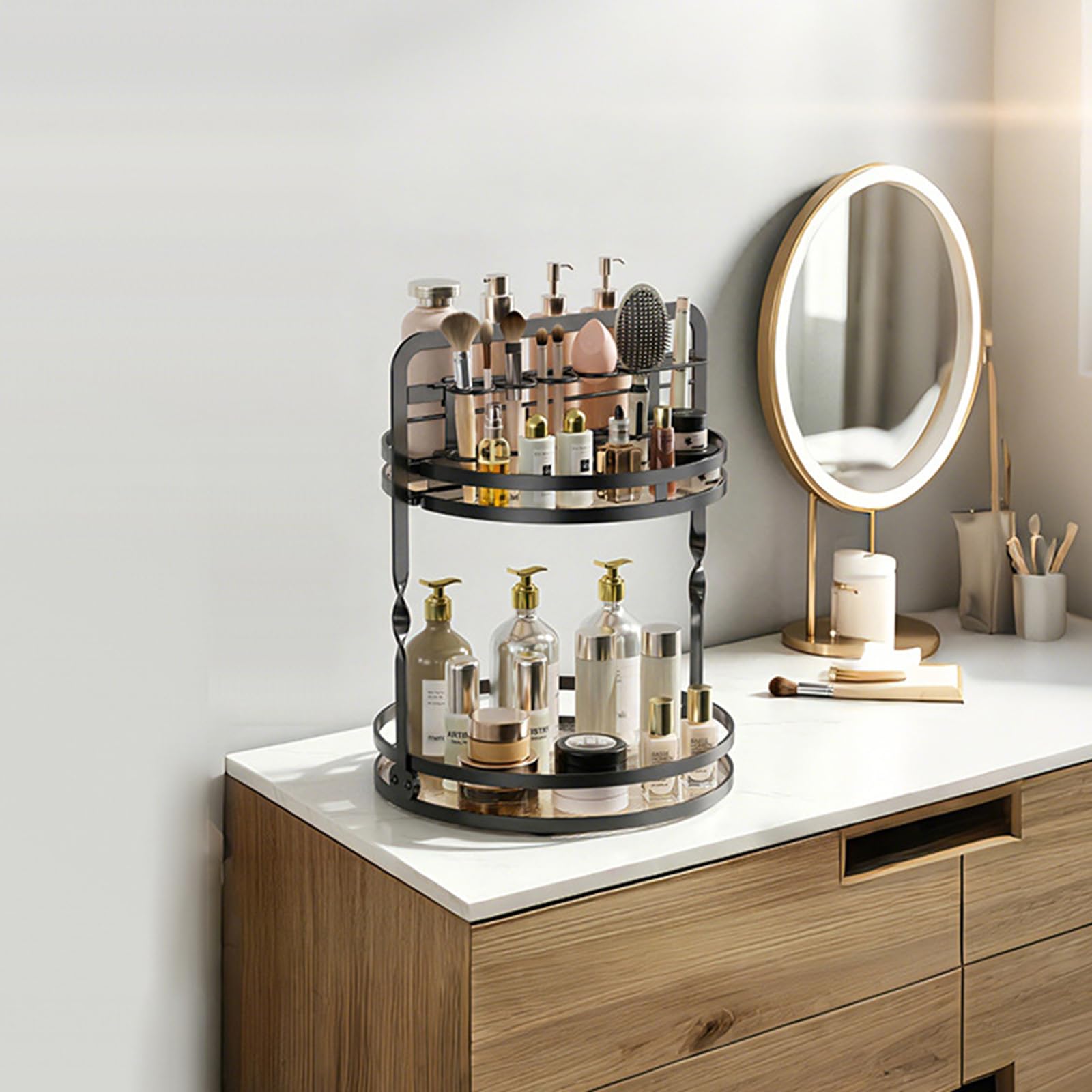 Drehbarer Kosmetikhalter mit zwei Fächern und sichtbarem Pinselständer für Kommode Tisch Schnelle Montage Make-up Ständer