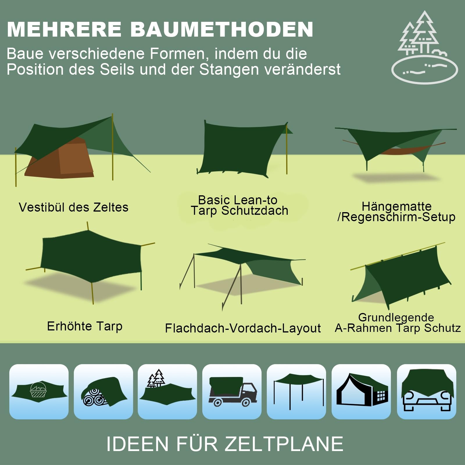 JAICOM Tarp 3,7 x 4,3 Wasserdicht, Ultraleicht Zeltplane Mit Stützstangen, Ösen, Aluminiumstiften, Nylonseil, UV und Regenbeständig, Geeignet für Zelte, Hängematten, Höfe, Strandsonnenschutz