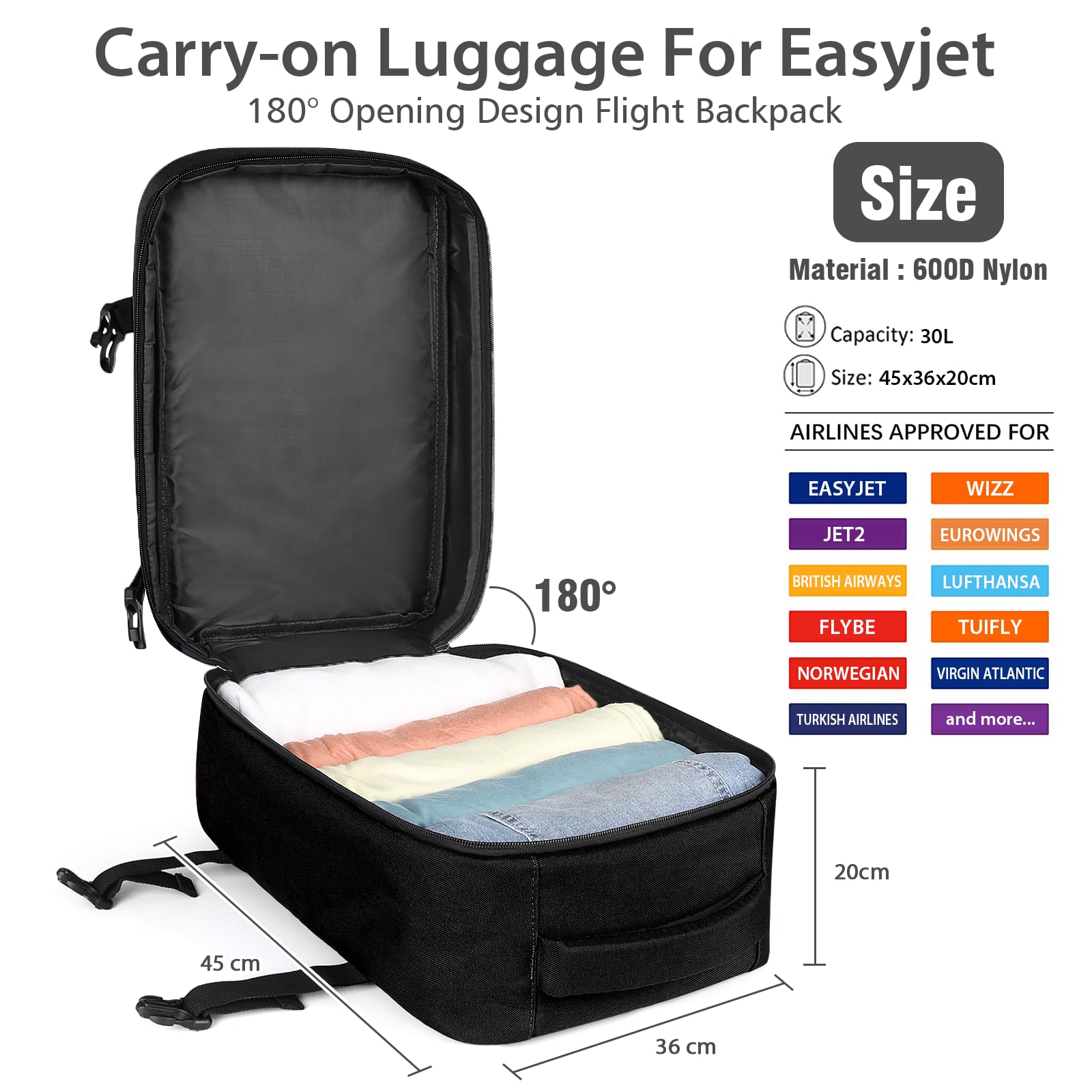 MOCOCITO Easyjet Zaino Bagaglio A Mano, borsa da viaggio, di dimensioni massime consentite a bordo di 45 x 36 x 20 cm Borsone da Viaggio Pieghevole Ultra Leggero Ripiegabile