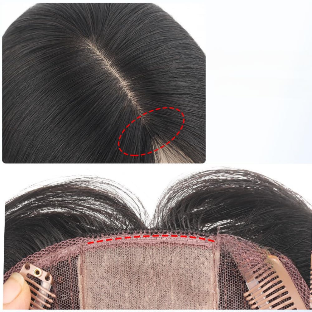 5x6 Inch Base Size 17.7 Inch Length Clip In Toppers Human Hair Straight Hair Neddle Parting for Women Thin Hair (Natural black,45cm)